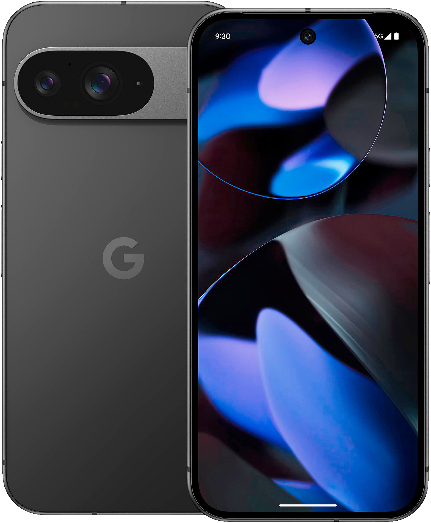 Ein dunkelgraues Smartphone, das Vorder- und Rückseite zeigt. Die Vorderseite zeigt ein farbenfrohes abstraktes Bild. Die Rückseite hat ein Kameramodul und das 'G'-Logo.