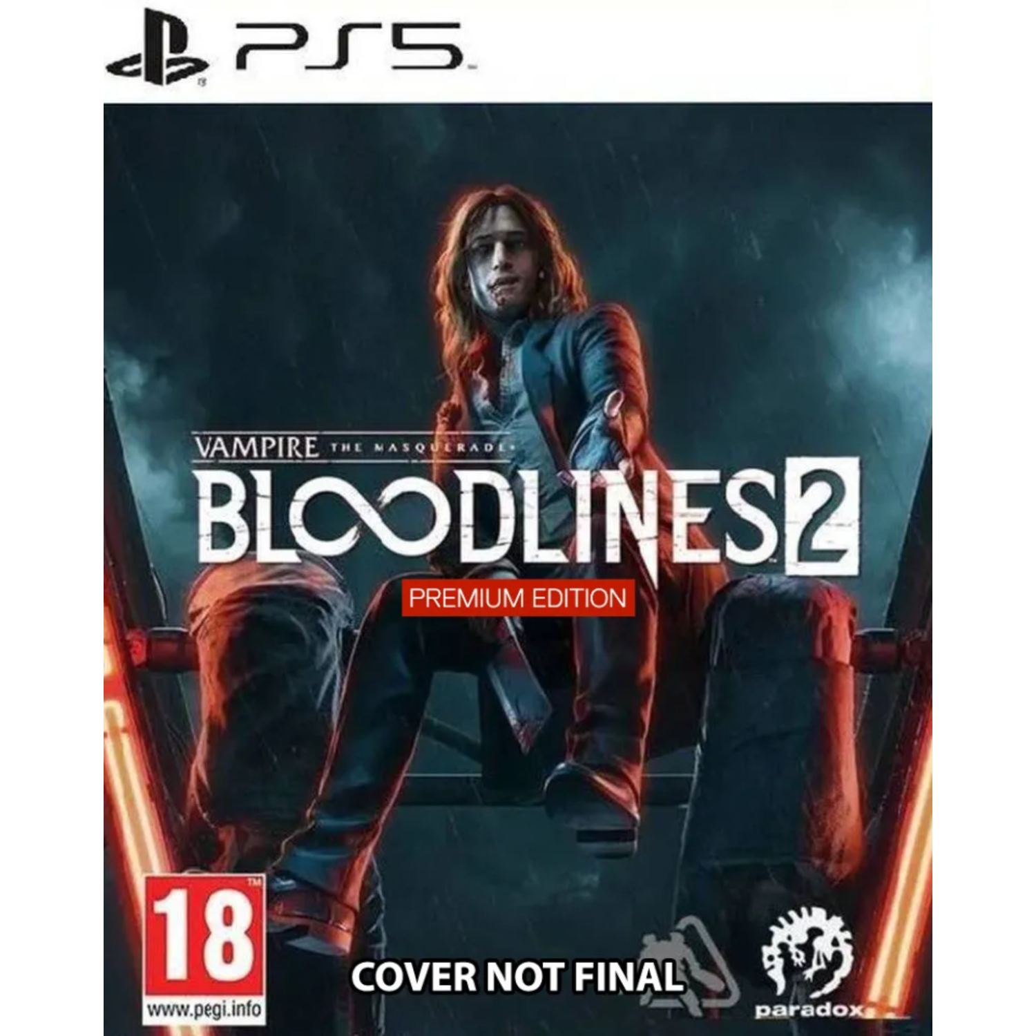 Couverture du jeu : Vampire The Masquerade Bloodlines 2. Un homme en costume est assis avec un couteau. Le logo du jeu et le logo PS5 sont visibles.