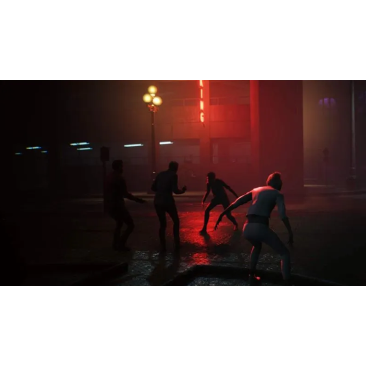 Quatre personnages dans une scène de rue sombre et humide. Un bâtiment avec des néons rouges et un lampadaire sont visibles. La scène est sombre et mélancolique.