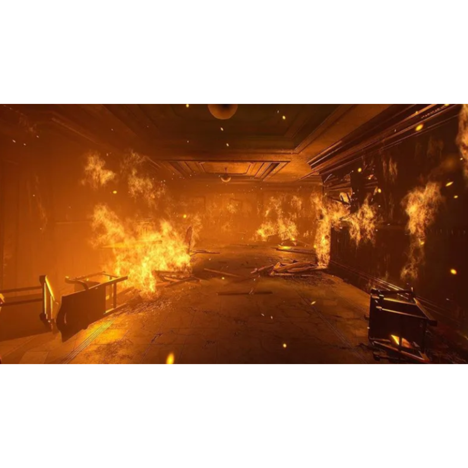 Une pièce en flammes. Un sommier et des débris sont visibles. La scène est éclairée par le feu, avec un plafond sombre.
