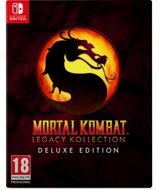 Mortal Kombat Legacy Kollection Deluxe Edition na Nintendo Switch. Logo smoka, klasyfikacja wiekowa i logo PEGI.