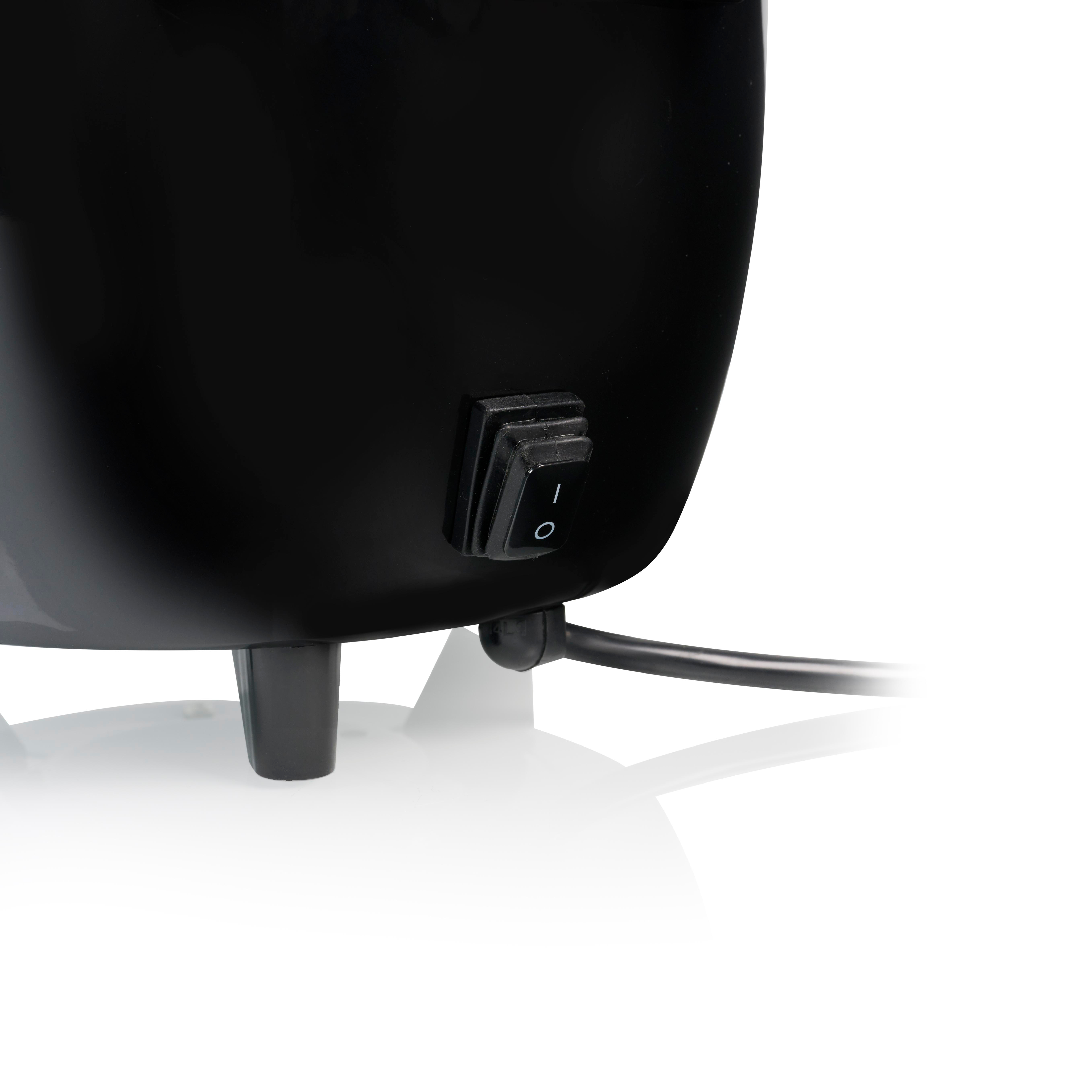 Ein schwarzes Gerät mit einem Netzschalter und einem Netzkabel. Der Schalter befindet sich in der Position 'Aus'. Weißer Hintergrund.
