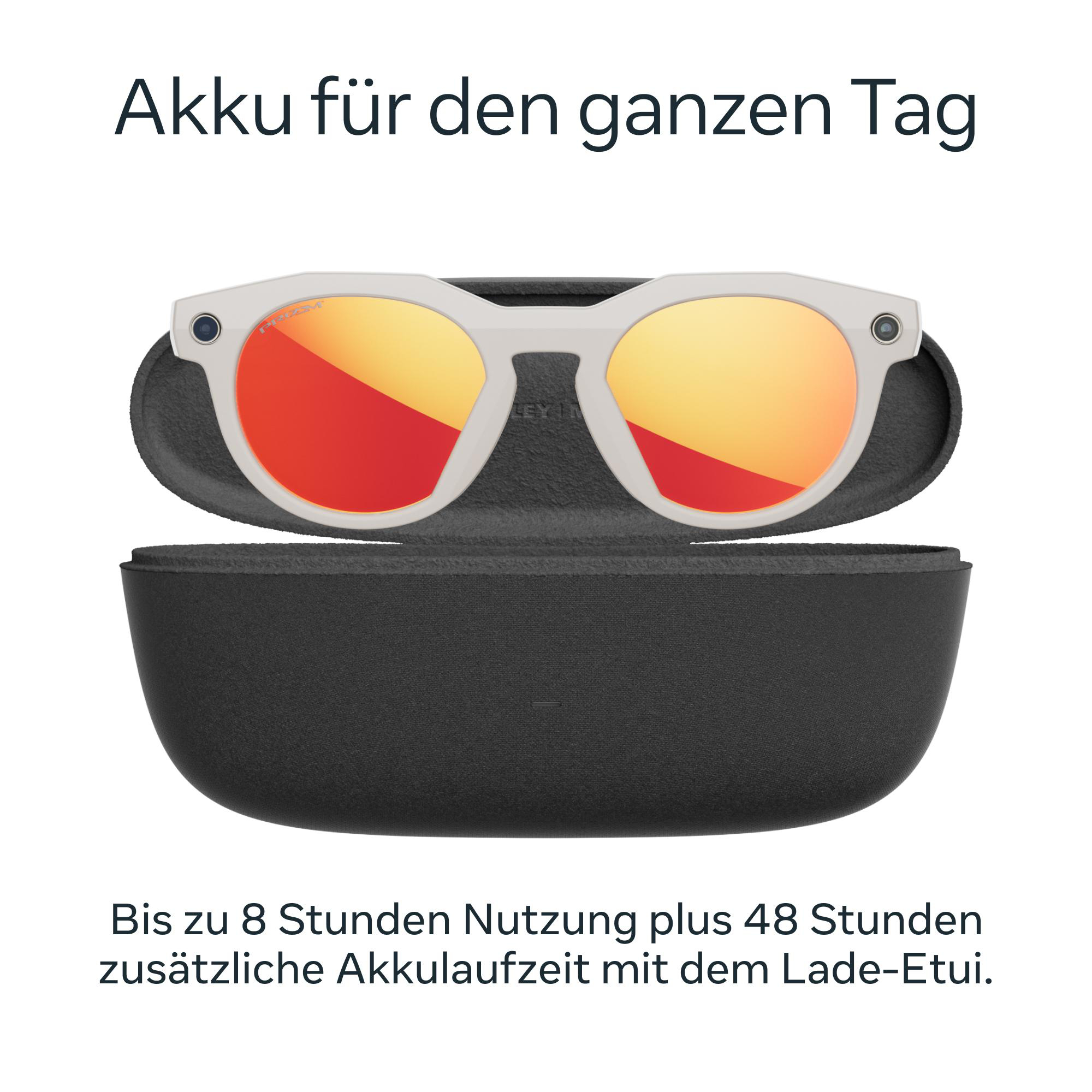 Weisse Sonnenbrille mit orangefarbenen Gläsern in schwarzem Etui, Text darüber: „Akku für den ganzen Tag“.