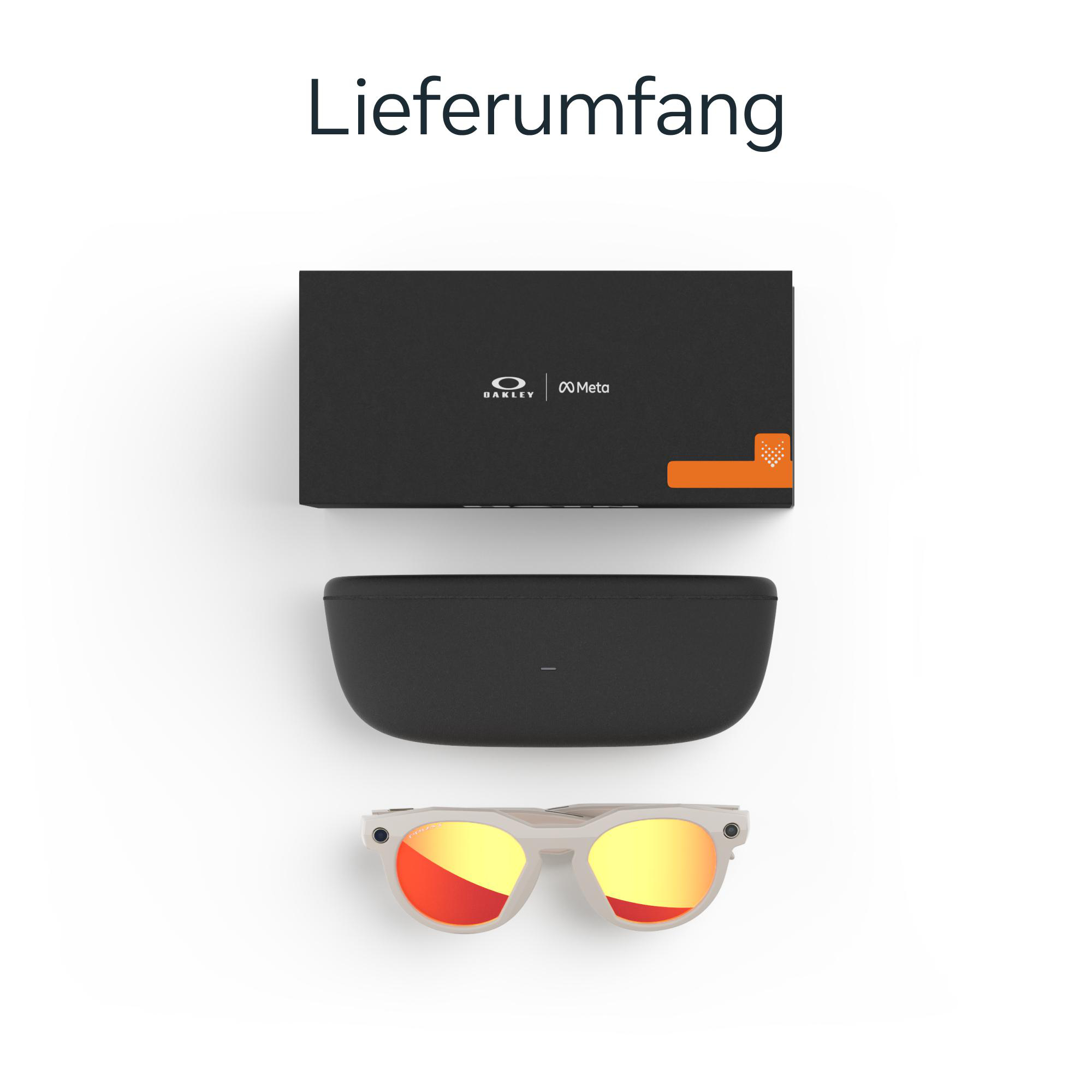 Produktaufnahme: Oakley Meta-Sonnenbrille, schwarze Box und Etui auf weißem Hintergrund. Sonnenbrille hat orangefarbene Gläser.