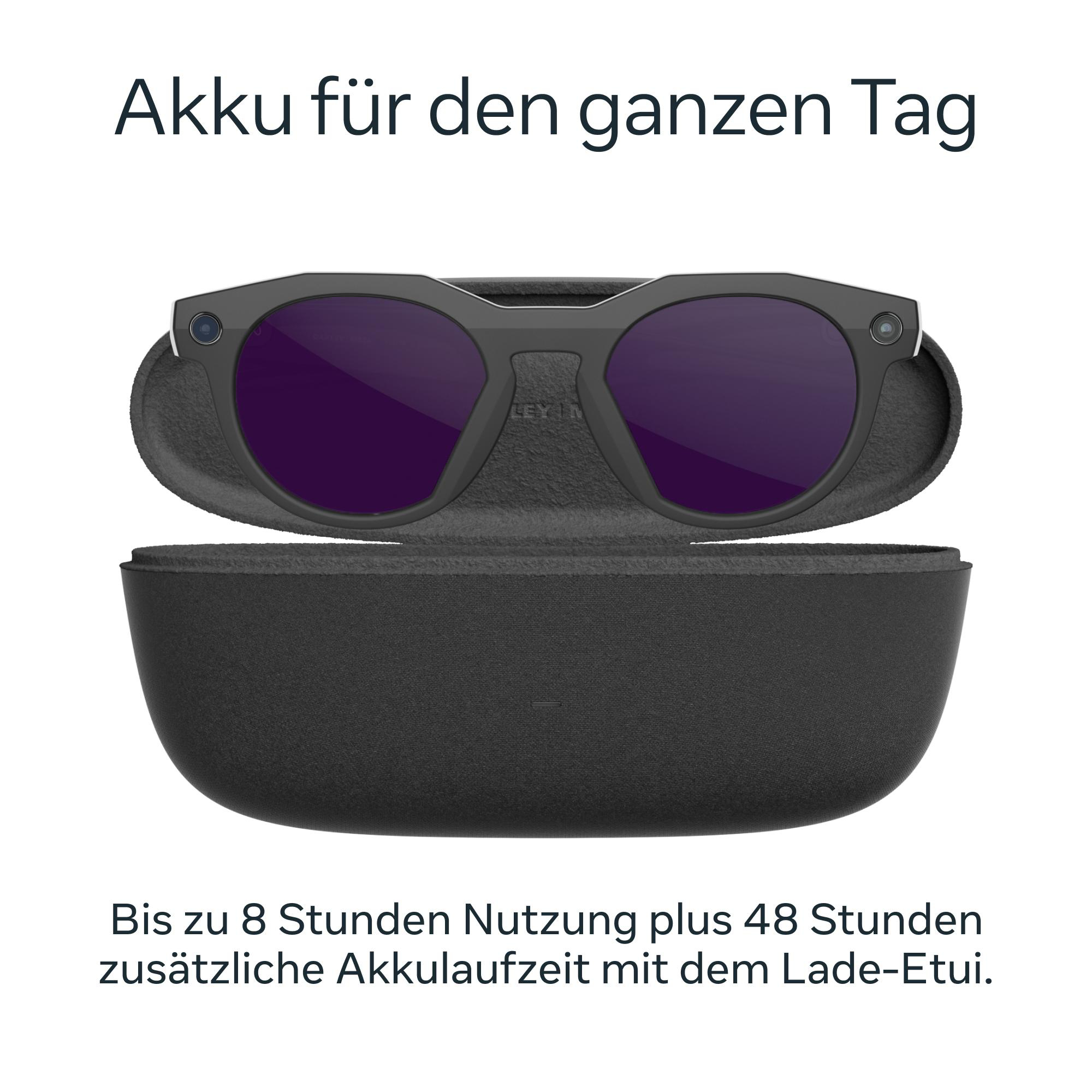Sonnenbrille in einem Etui. Text: Akku für den ganzen Tag. Bis zu 8 Stunden Nutzung plus 48 Stunden Akkulaufzeit.
