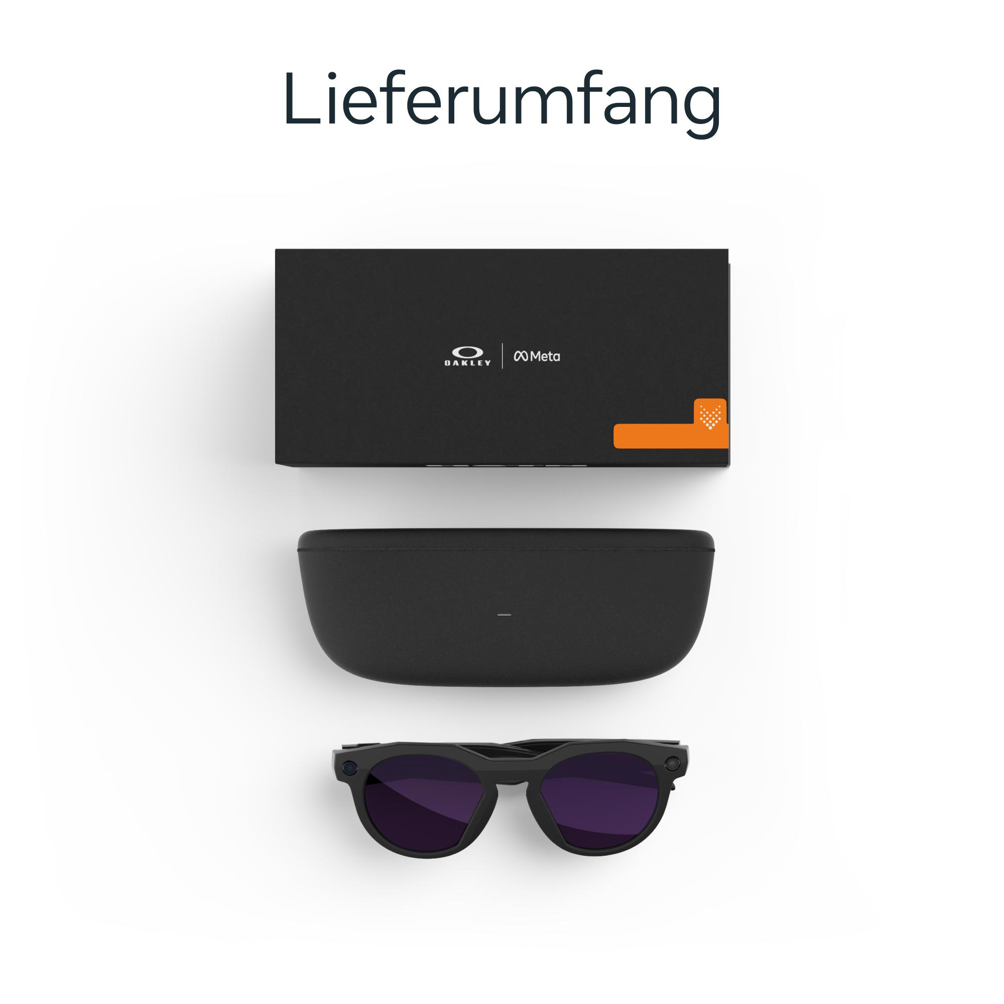 Schwarze Brille und Etui, eine schwarze Box mit Oakley- und Meta-Logos und das Wort 'Lieferumfang' auf weißem Hintergrund.
