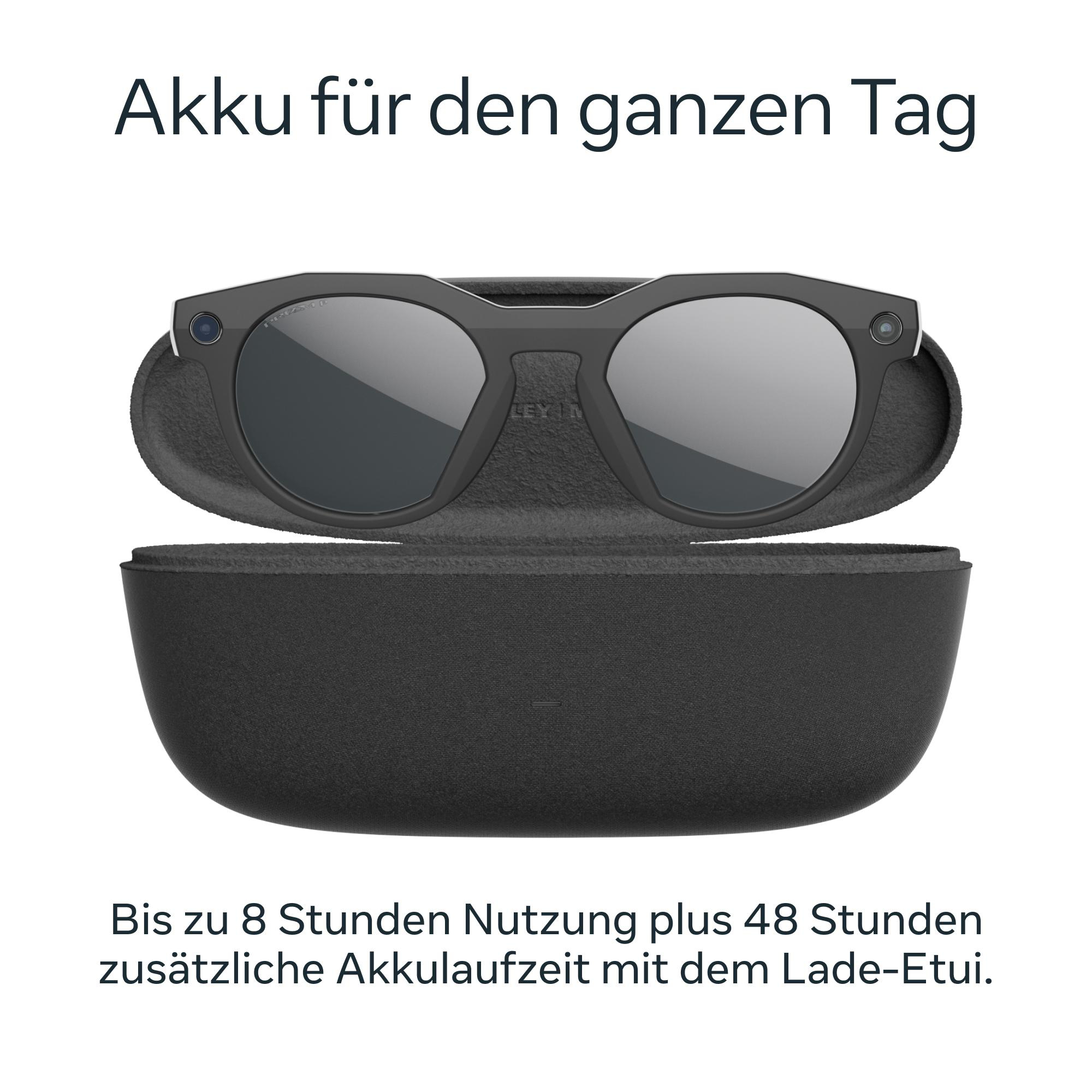 Schwarze Smart-Brille im Etui. Text: Akku für den ganzen Tag. Bis zu 8 Stunden Nutzung plus 48 Stunden extra Akku mit dem Lade-Etui.
