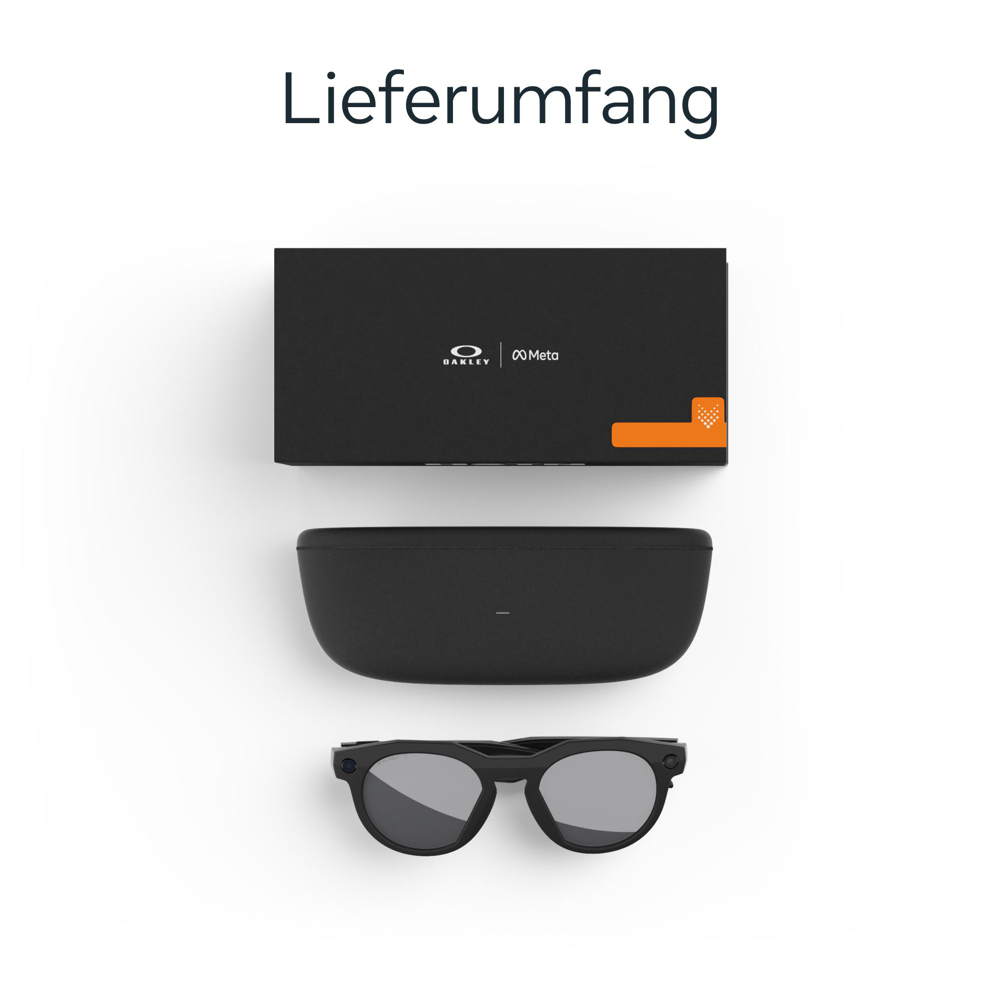 Schwarze Brille, Etui und Schachtel auf weißem Hintergrund. Die Schachtel hat Oakley- und Meta-Logos. Oben steht "Lieferumfang".