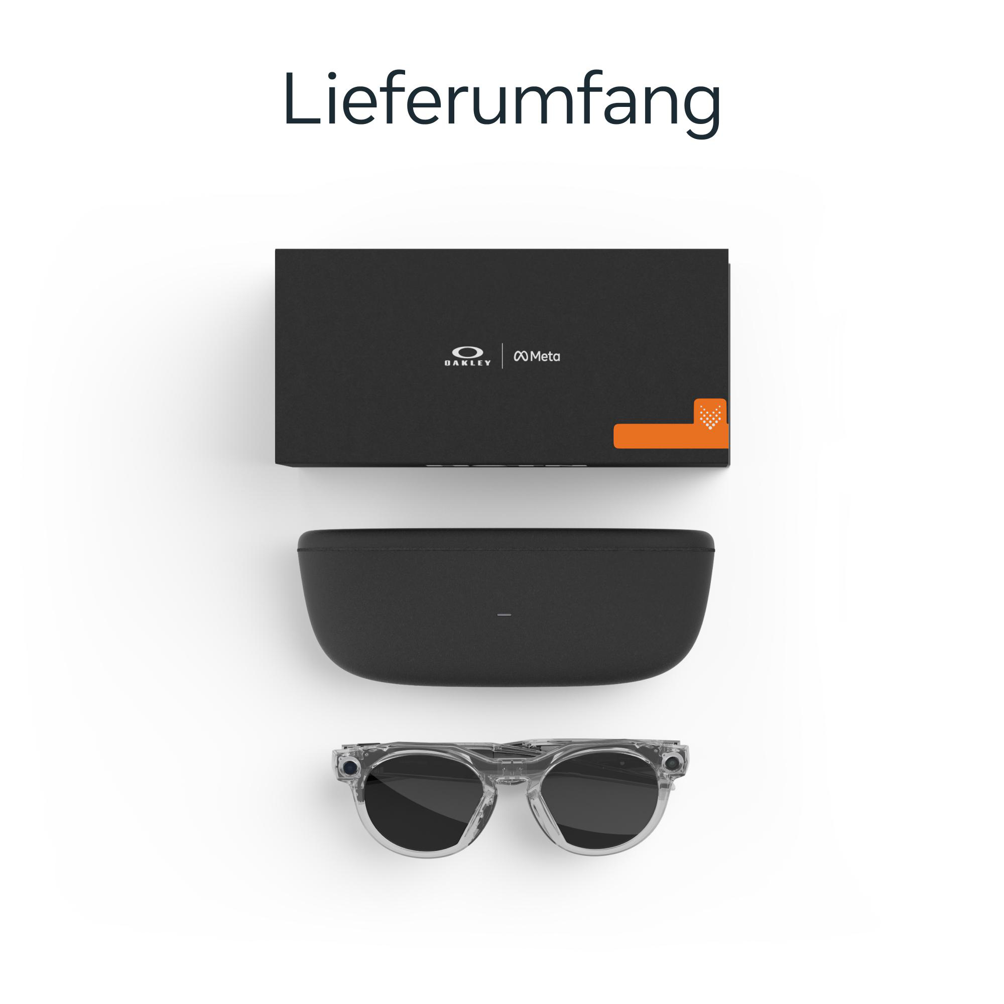Oakley Meta-Brille mit Etui und Box auf Weiß. Die Box hat Oakley- und Meta-Logos.