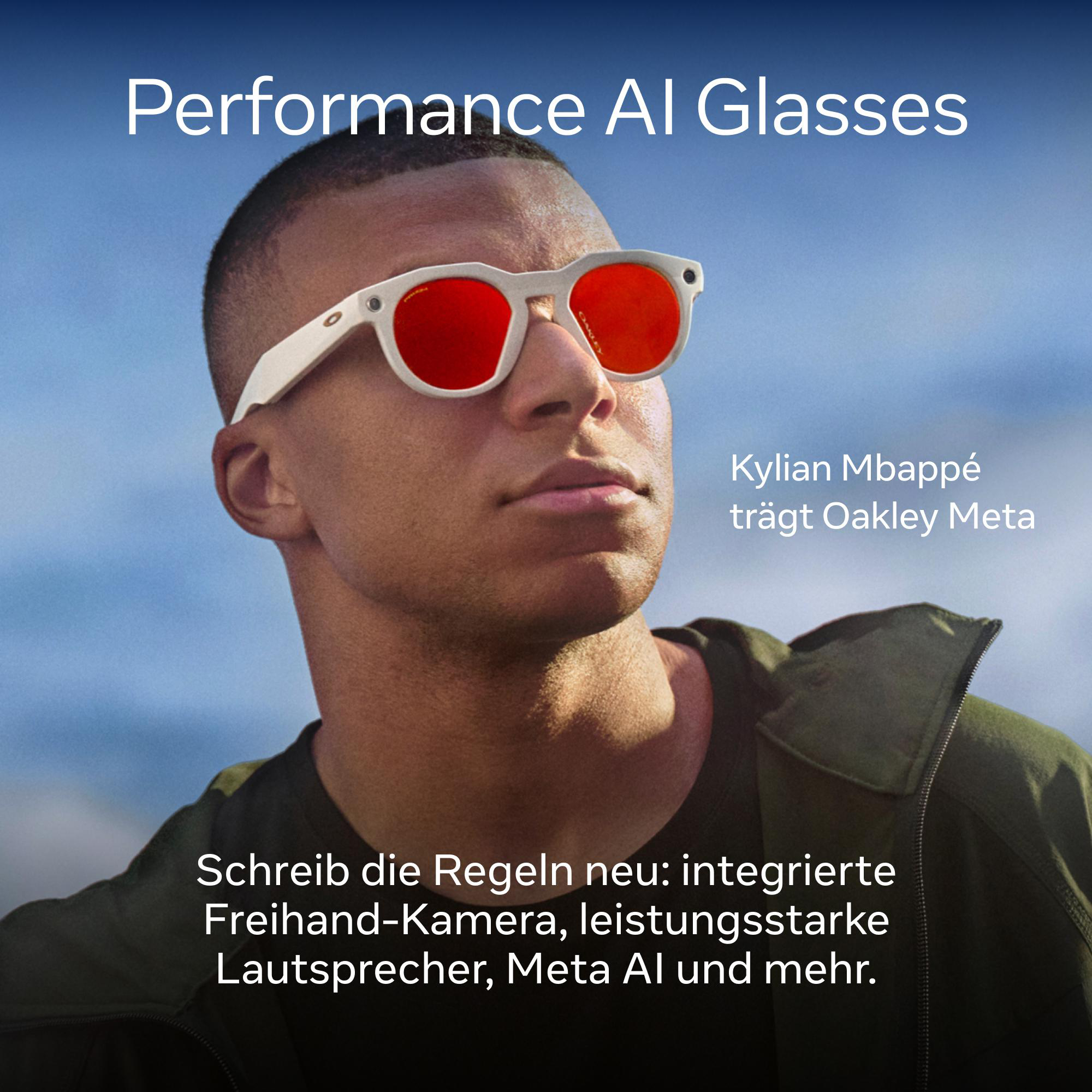 Kylian Mbappe trägt weiße Sonnenbrille mit roten Gläsern. Text lautet 'Performance AI Glasses'. Andere Texte beschreiben Funktionen.