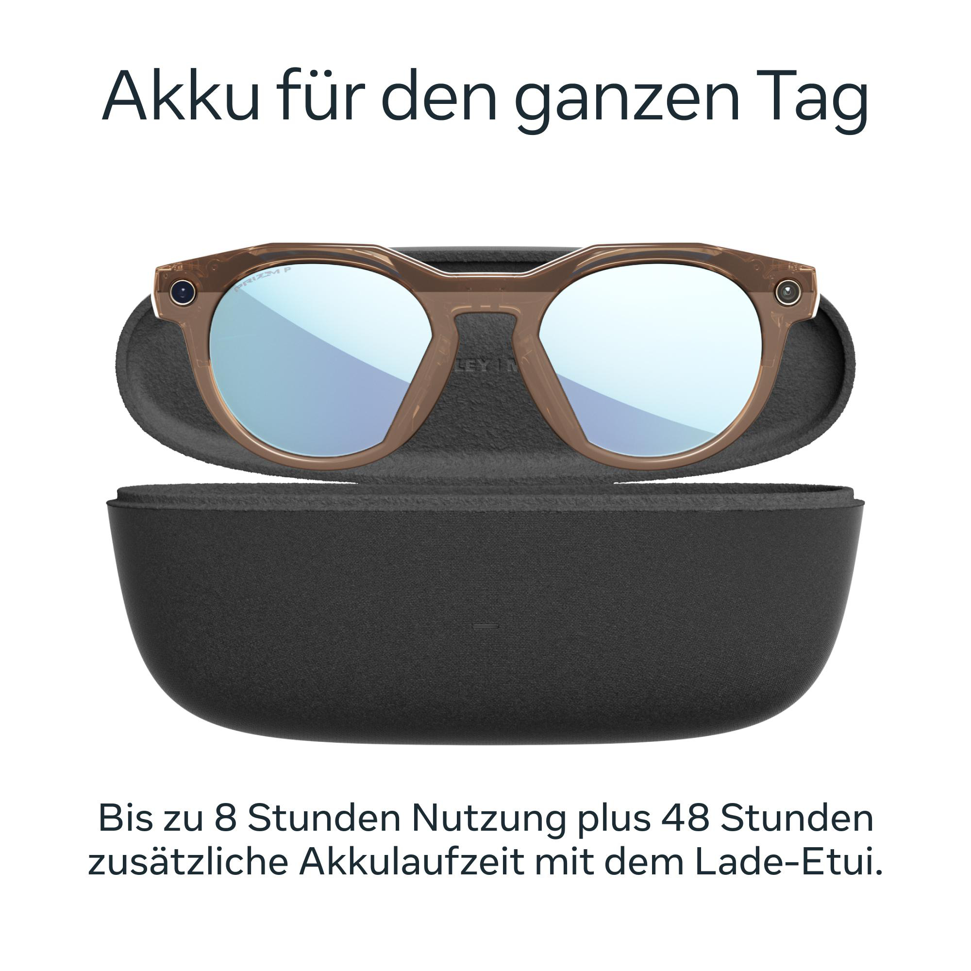 Sonnenbrille mit blauen Gläsern in einem schwarzen Etui. Text oben: 'Akku für den ganzen Tag'.