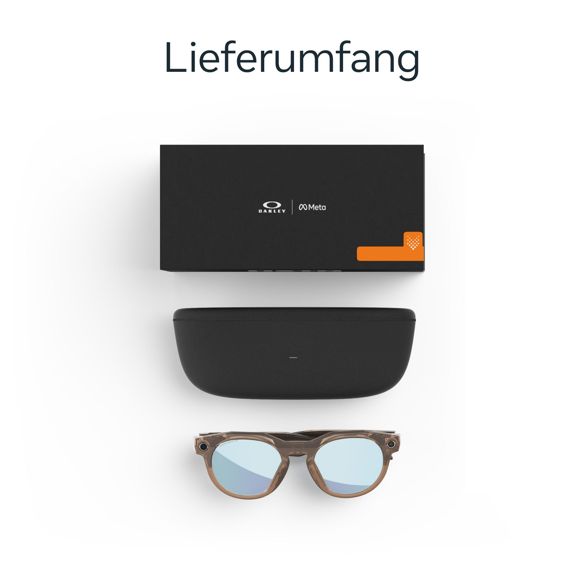 Das Bild zeigt eine Oakley Meta Sonnenbrille, ein Etui und eine Box. Die Box ist schwarz mit den Logos von Oakley und Meta.