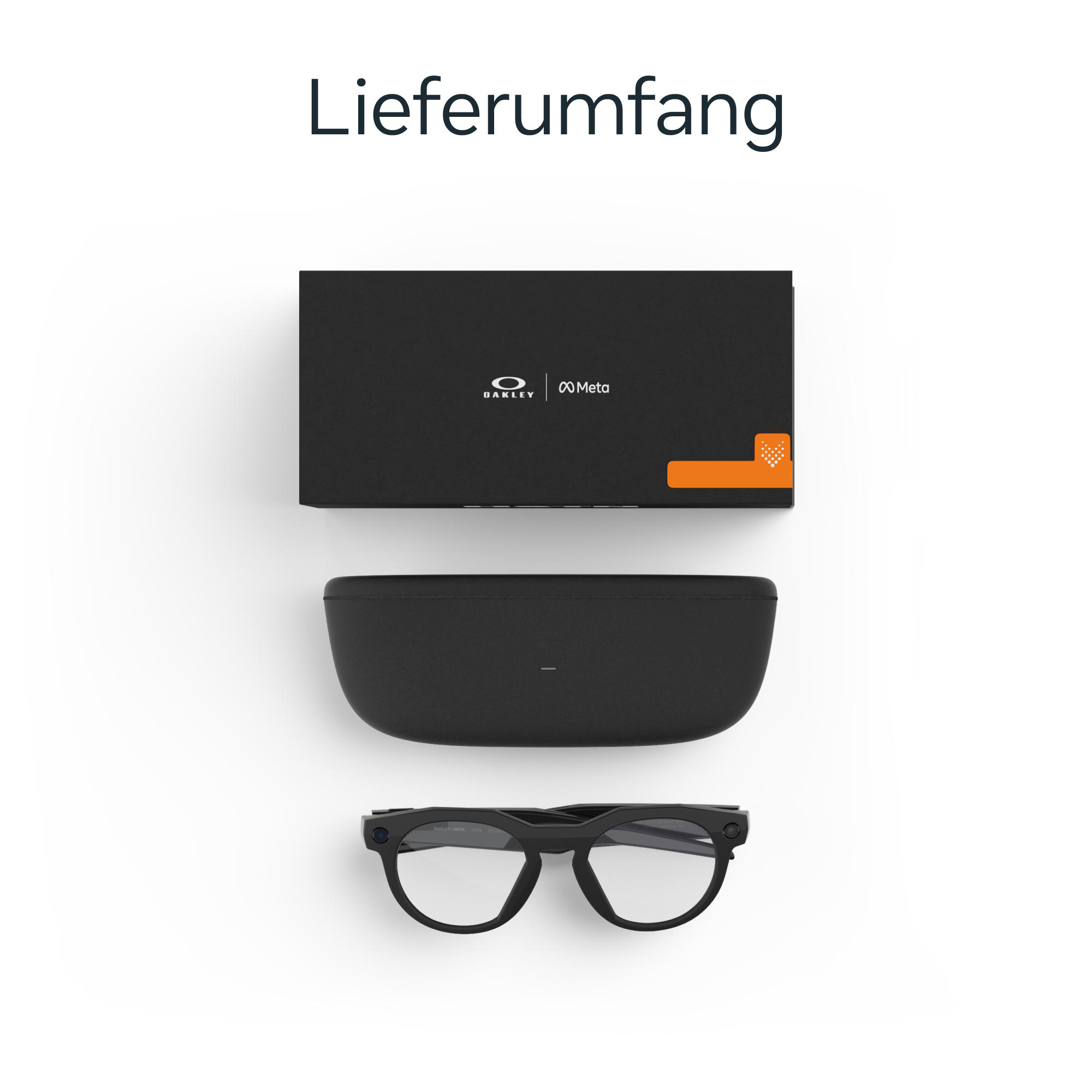 Produktaufnahme von Brille, Etui und Karton. Brille ist schwarz, Etui ist schwarz, Karton ist schwarz mit orangefarbenen Details. Weißer Hintergrund.