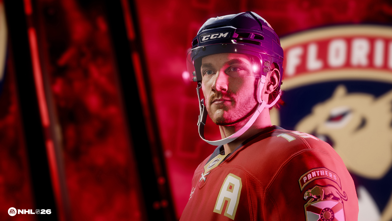 Hokeista w czerwonej koszulce i kasku. Logo Florida Panthers w tle. Motyw kolorystyczny czerwieni i czerni.