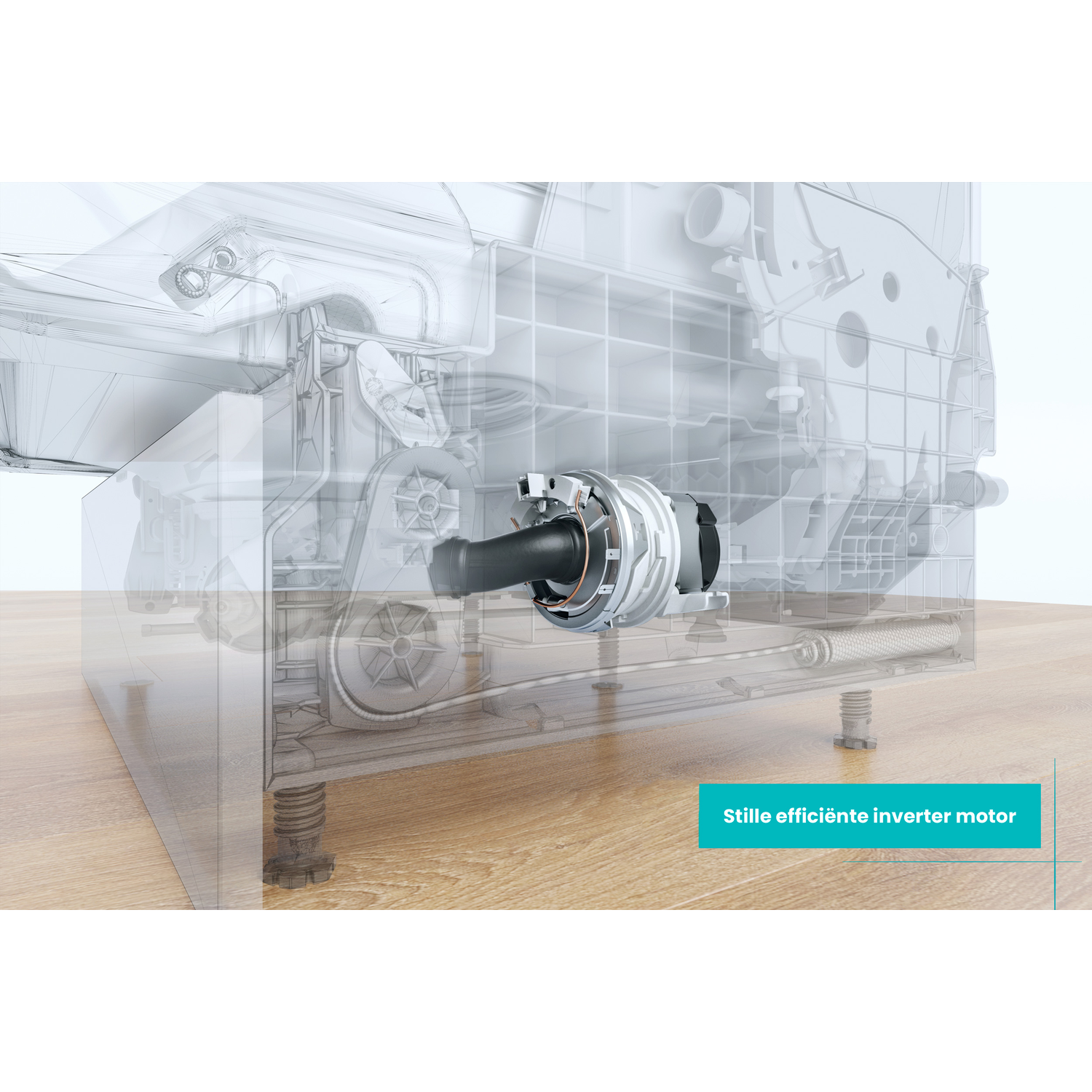 Doorsnede van een wasmachine. Zichtbare componenten zijn motor, riem en veren. Tekst: 'Stille efficiënte inverter motor'.