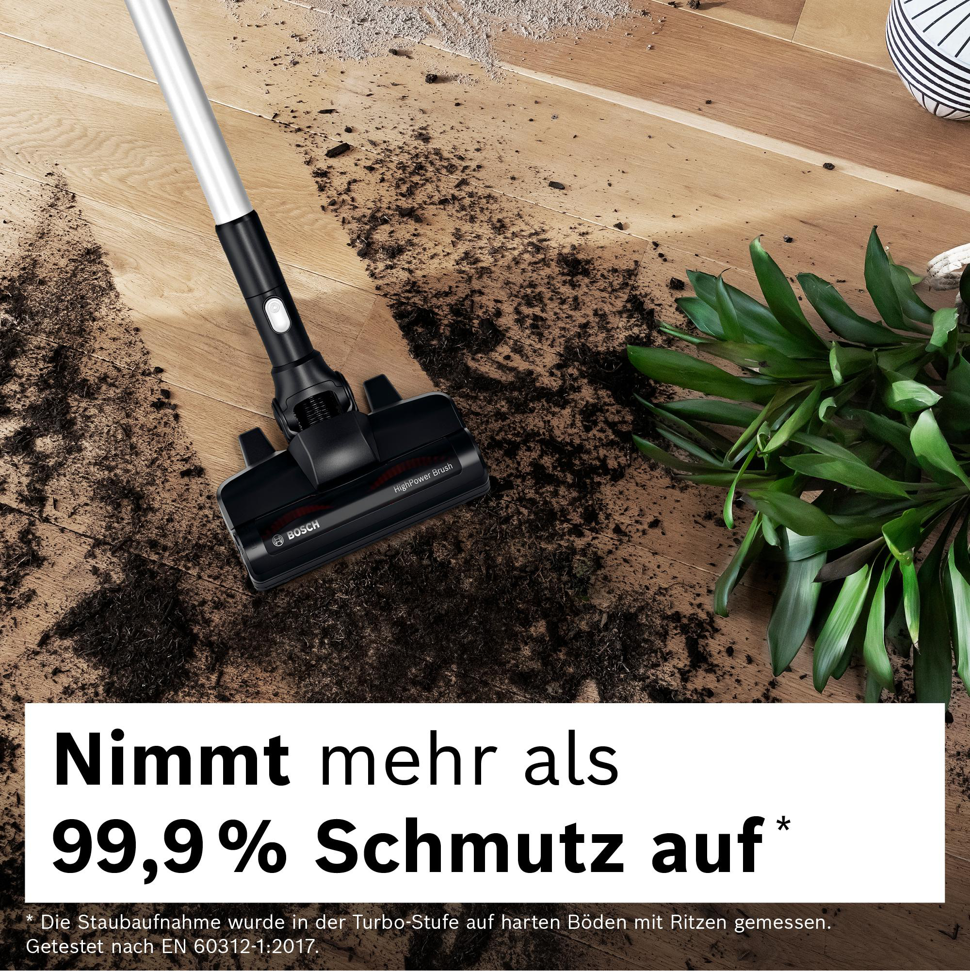 Ein schwarzer und silberner Staubsauger reinigt Schmutz auf einem Holzboden. Grüne Pflanzen und ein dekorativer Topf im Hintergrund.