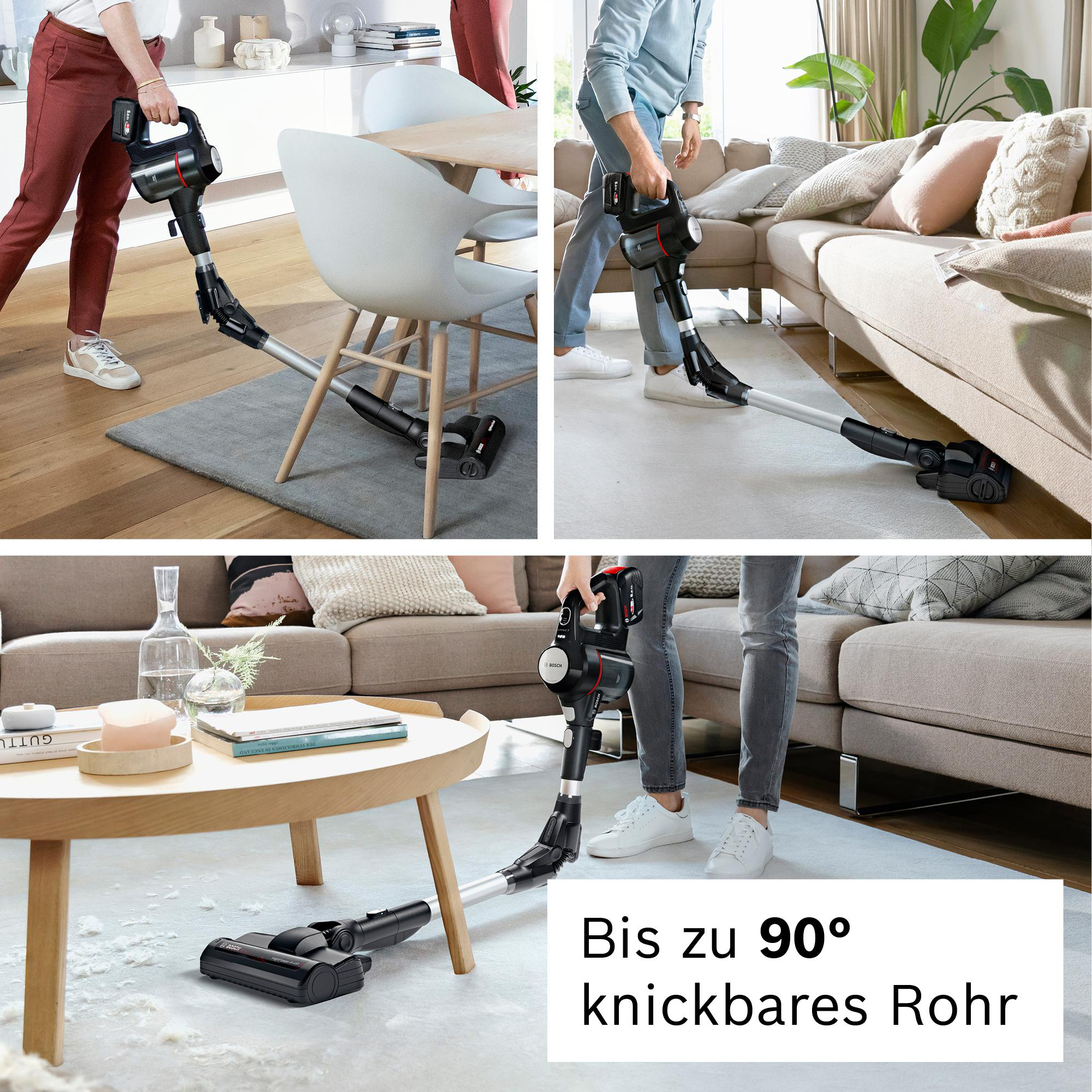 Menschen, die mit einem kabellosen Staubsauger saugen. Zeigt den flexiblen Hals des Staubsaugers beim Reinigen unter Möbeln.