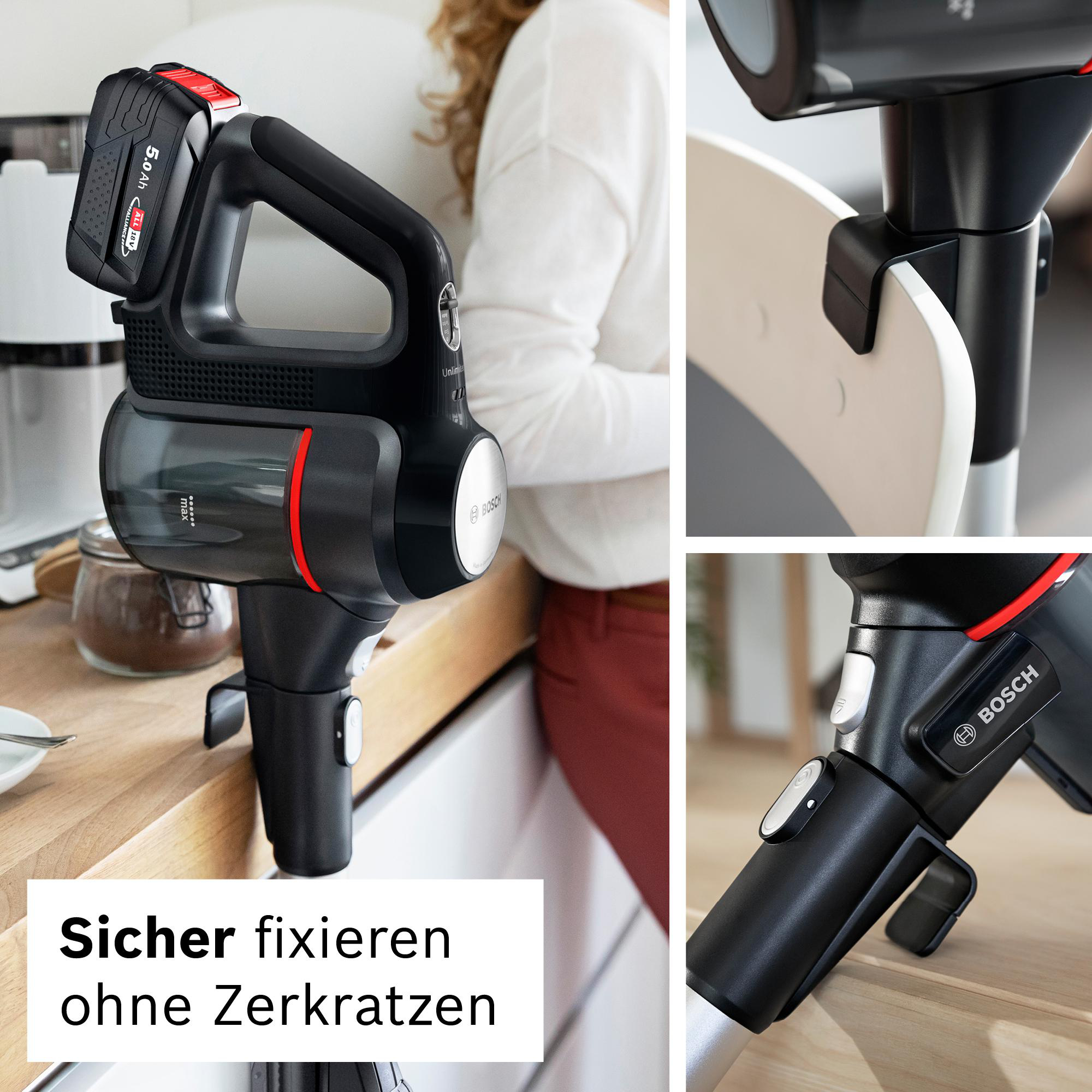 Ein schwarzer Akku-Staubsauger mit rotem Akzent wird gezeigt, mit einer Person im Hintergrund und einem weißen Text-Overlay.