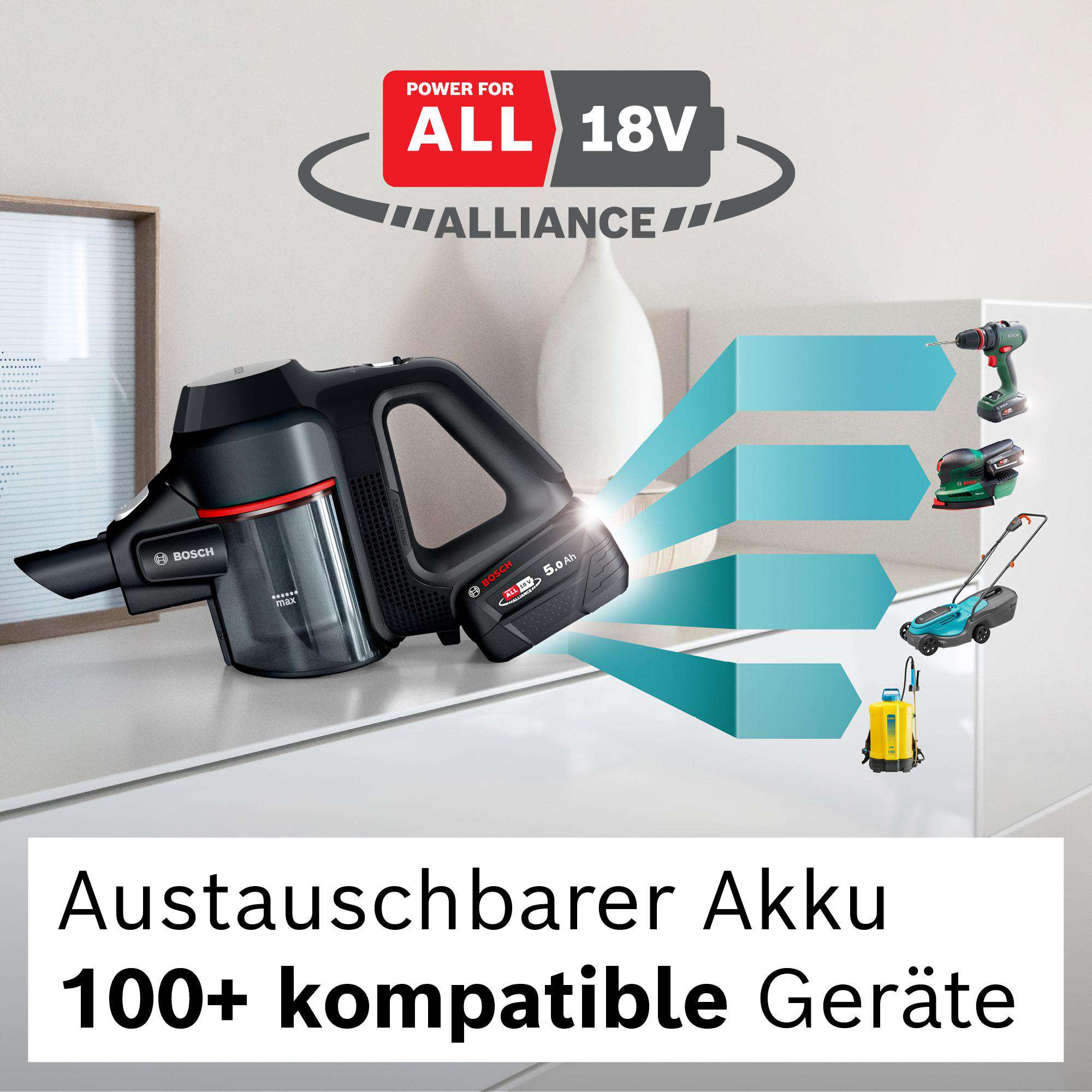 Schwarzer Bosch-Staubsauger mit Akku und anderen Werkzeugen. Text: Power for All 18V Alliance. Text: Austauschbarer Akku 100+ kompatible Geräte.