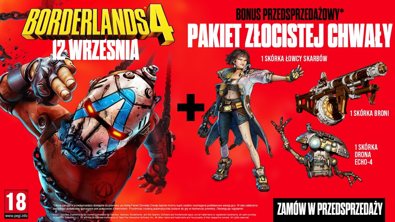 Reklama gry Borderlands 4. Zawiera postacie, broń i tekst w języku polskim. Zawiera pakiet bonusowy za zamówienie przedpremierowe.
