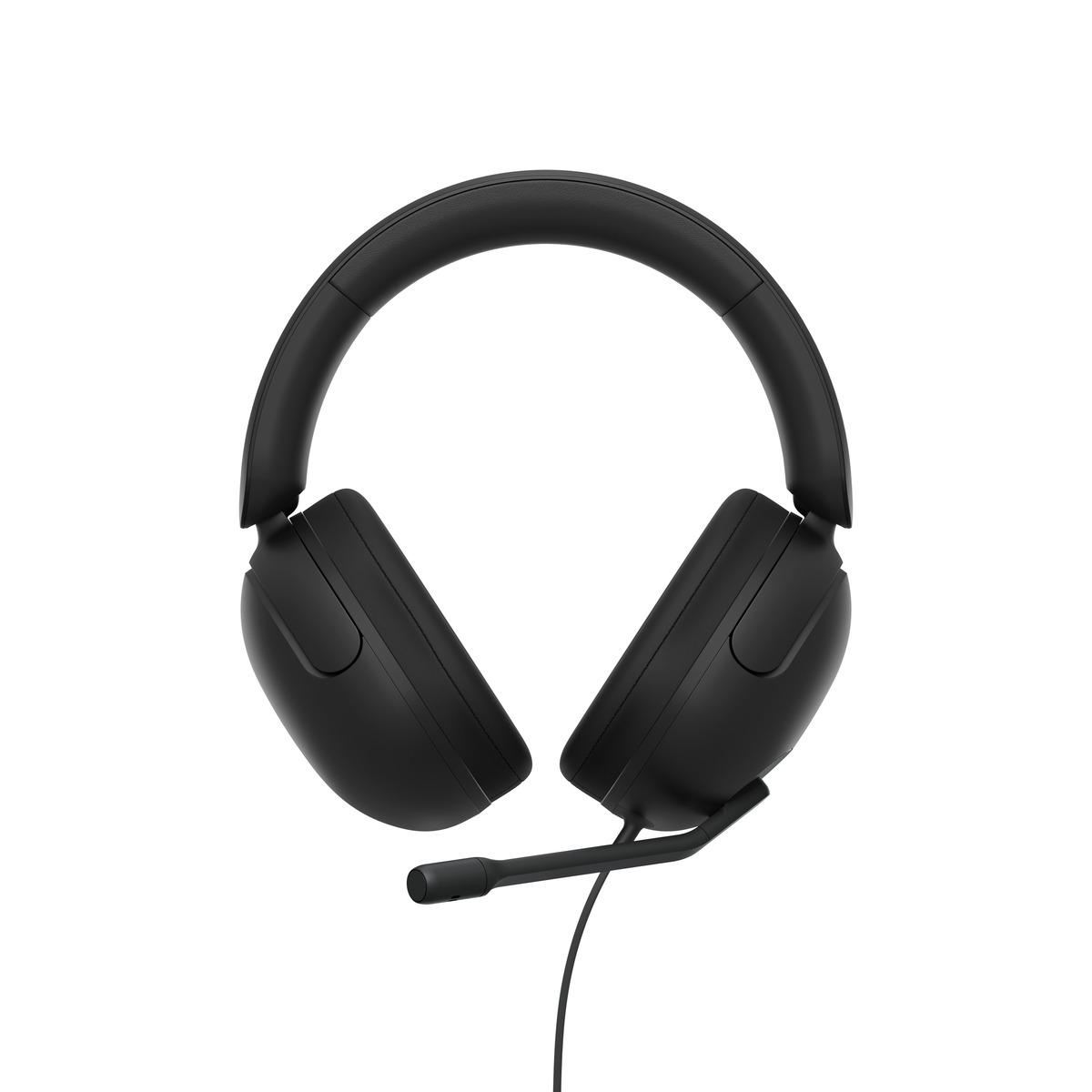 Schwarzes Headset mit Mikrofon. Es hat einen gebogenen Kopfbügel und zwei Ohrmuscheln. Ein Mikrofon erstreckt sich von der linken Ohrmuschel.