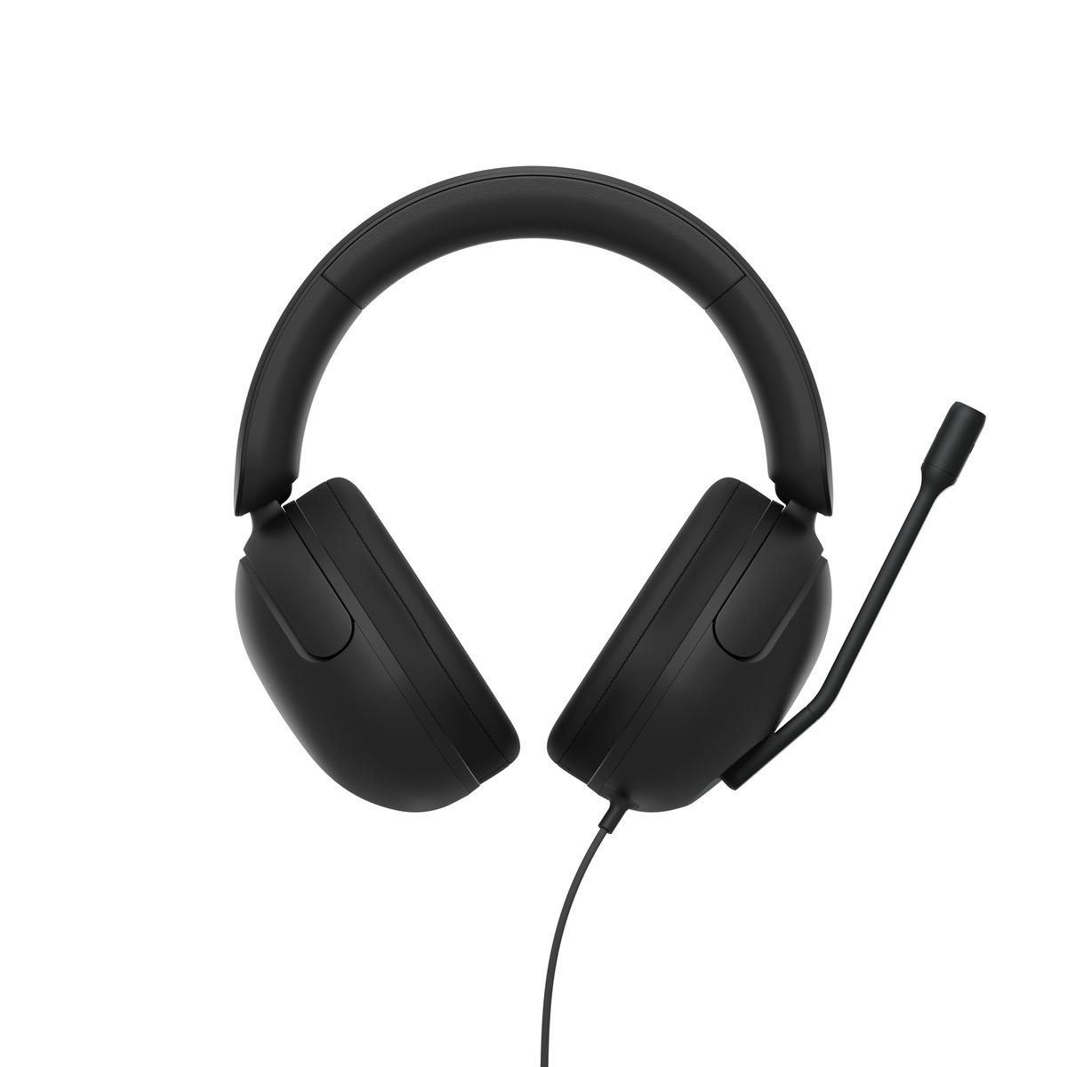 Schwarzes Headset mit Mikrofon. Das Headset hat einen gebogenen Kopfbügel und zwei Ohrmuscheln. Ein Mikrofon ragt aus der rechten Ohrmuschel heraus.