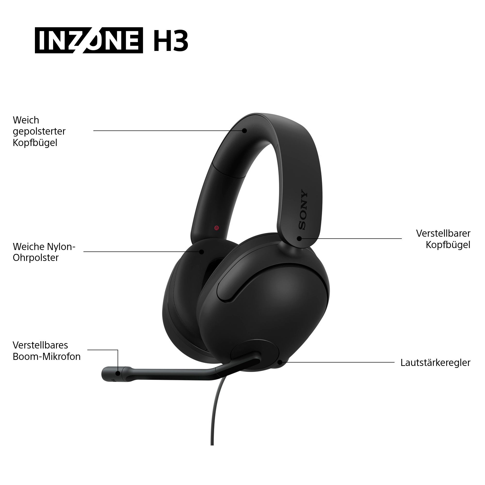Schwarzes Sony INZONE H3 Gaming-Headset. Merkmale: verstellbarer Kopfbügel, weiche Ohrpolster und ein Mikrofon.