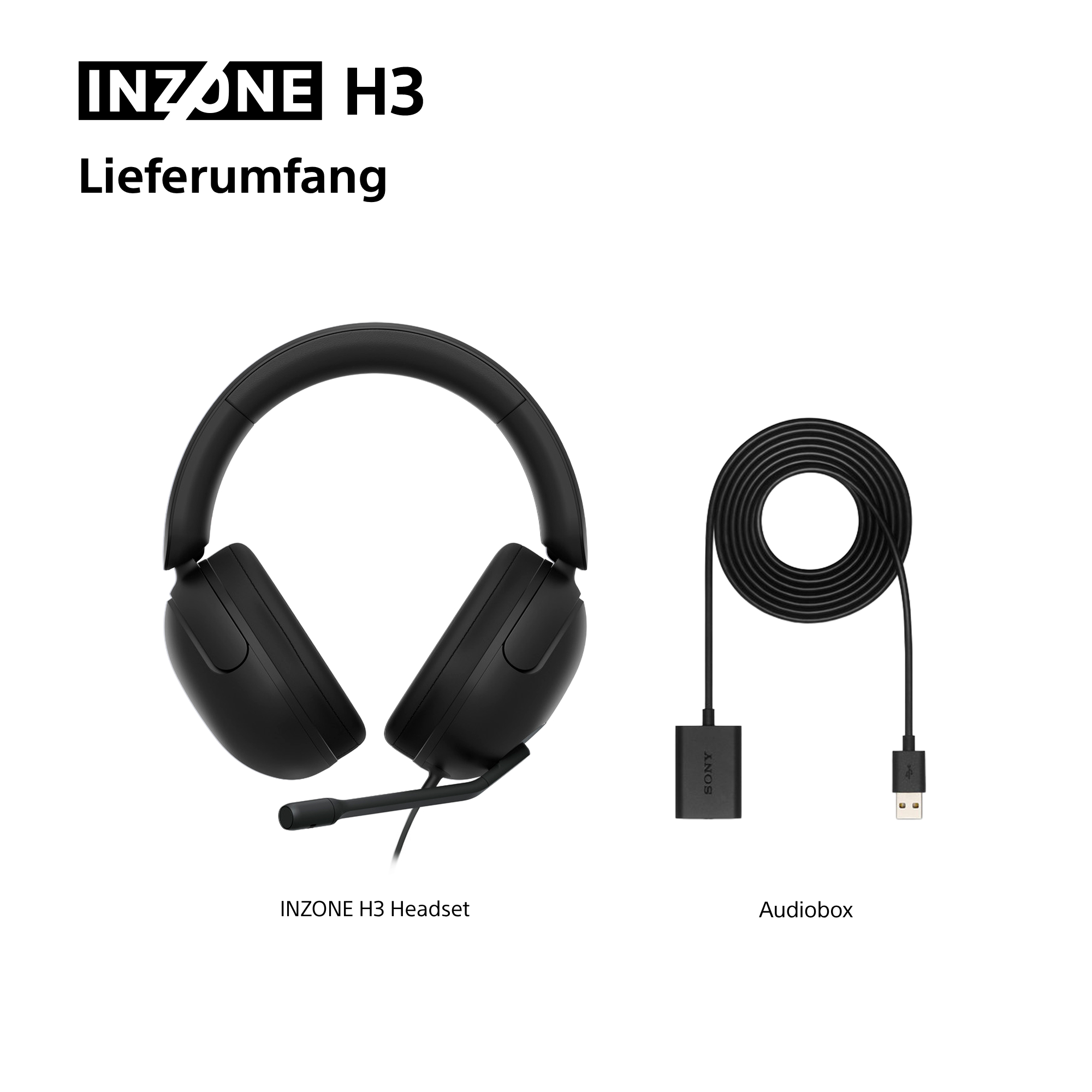 Schwarzes INZONE H3-Headset und Audiobox mit USB-Kabel. Text oben: INZONE H3 Lieferumfang. Weißer Hintergrund.