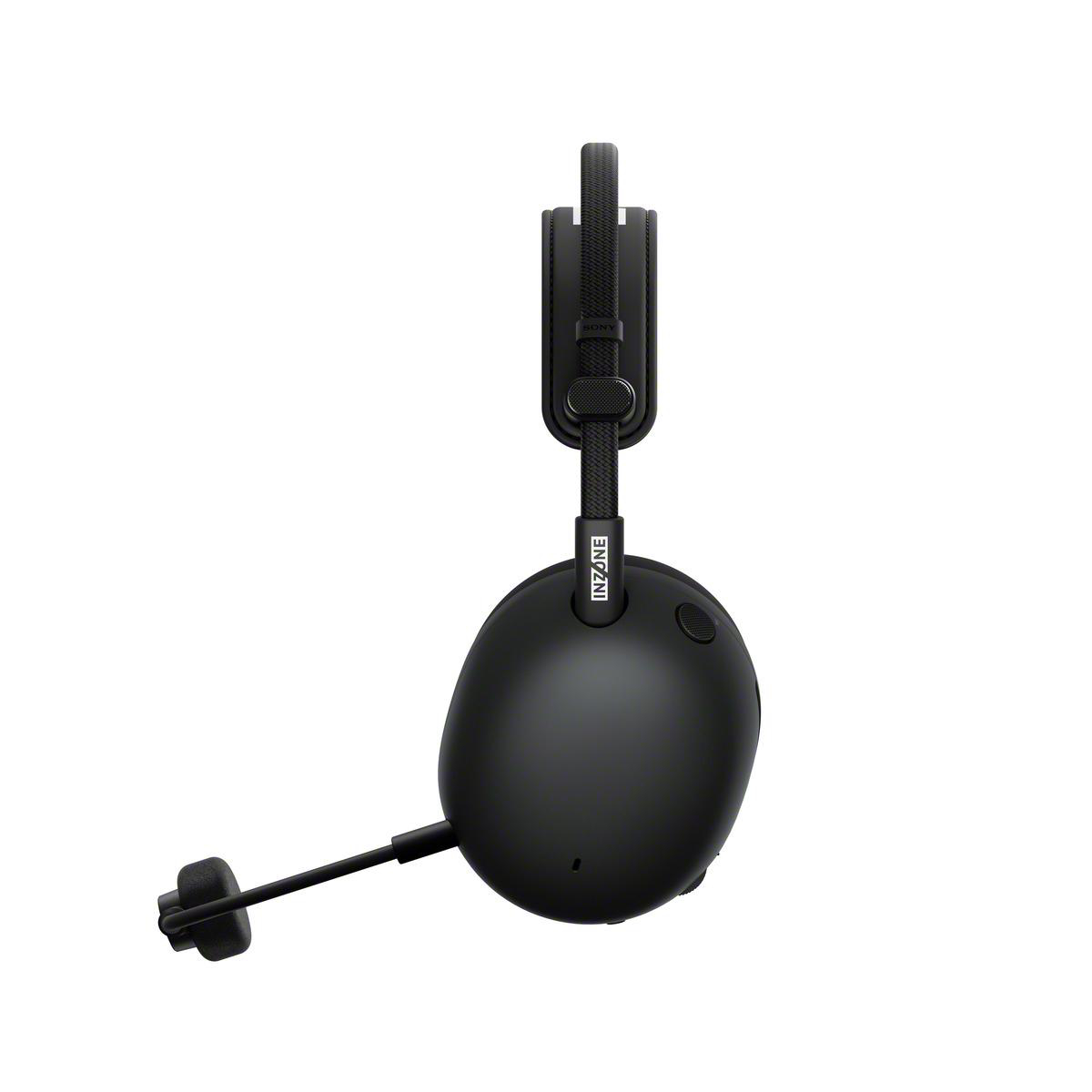 Schwarzes INZONE-Gaming-Headset mit Mikrofon und Kopfbügel. Das Ohrmuscheldesign ist sichtbar, mit dem Mikrofon, das nach unten verläuft.