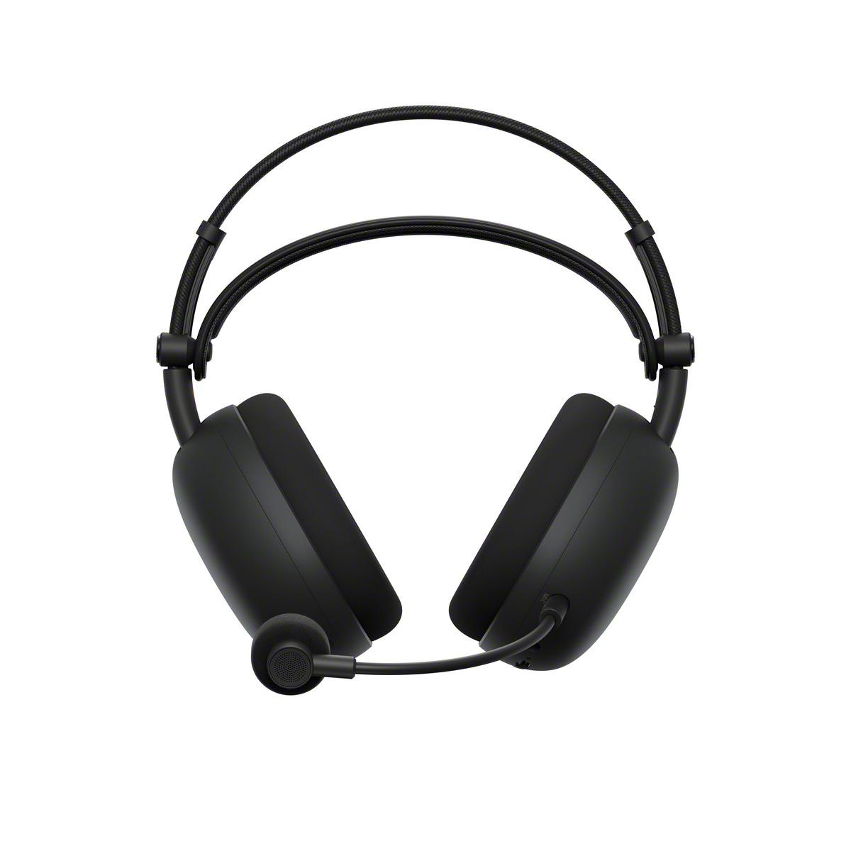 Schwarze Over-Ear-Kopfhörer mit Mikrofon. Die Kopfhörer haben ein gepolstertes Kopfband und Ohrmuscheln. Das Mikrofon ragt aus der linken Ohrmuschel.