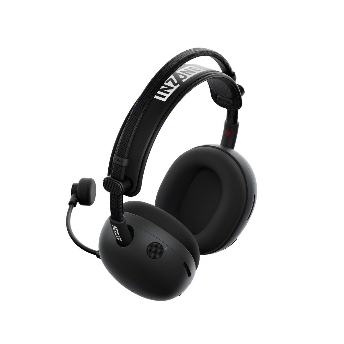 Schwarzes Sony INZONE Gaming-Headset. Das Headset hat ein Mikrofon und ein INZONE-Logo auf dem Kopfband. Isoliert auf weißem Hintergrund.