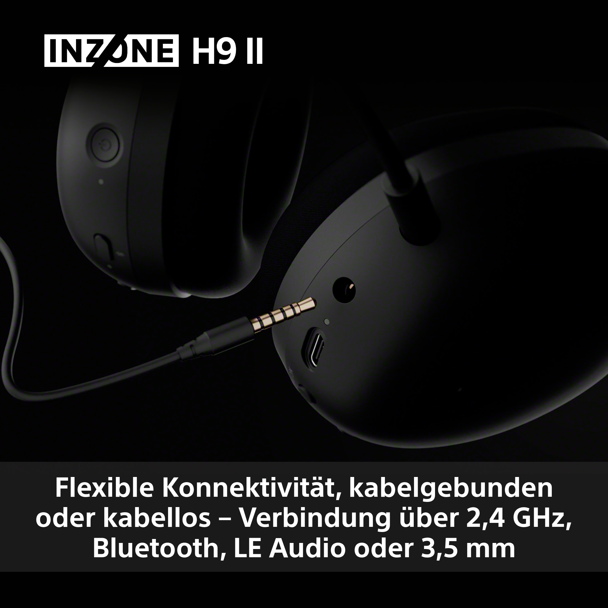 Schwarze Kopfhörer mit Kabel, mit 3,5-mm-Klinke und der Marke INZONE H9 II. Der Hintergrund ist schwarz.