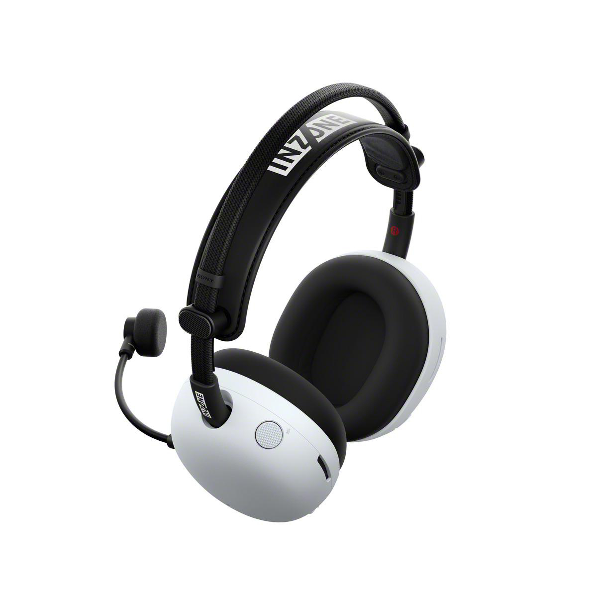 Weiße und schwarze INZONE-Gaming-Kopfhörer mit Mikrofon. Die Kopfhörer haben ein gepolstertes Kopfband und Ohrmuscheln mit schwarzen Kissen.