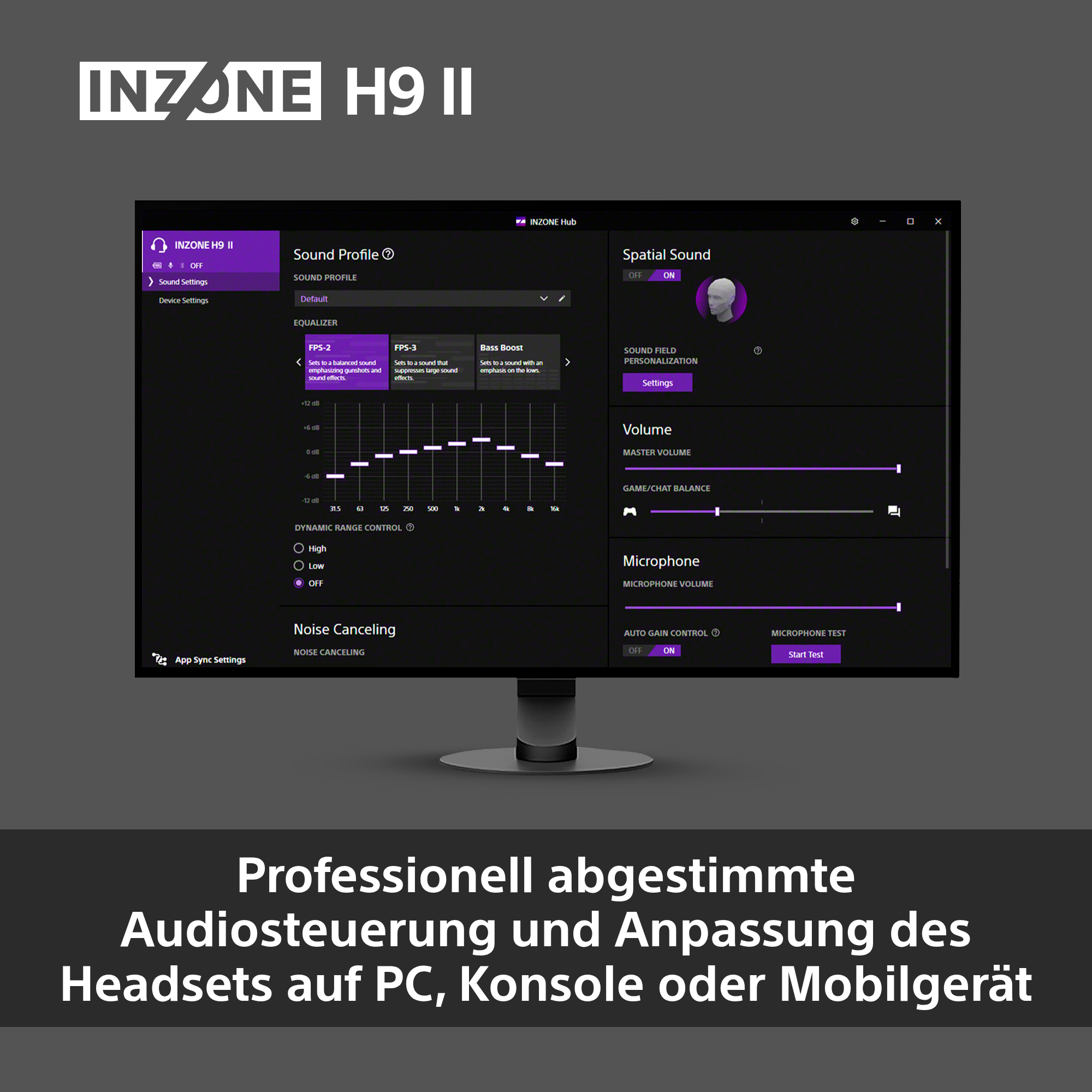 Ein Monitor zeigt die INZONE H9 II-Soundeinstellungen. Zu den Funktionen gehören Soundprofile, Equalizer, Dynamikbereichsregelung und Rauschunterdrückung.