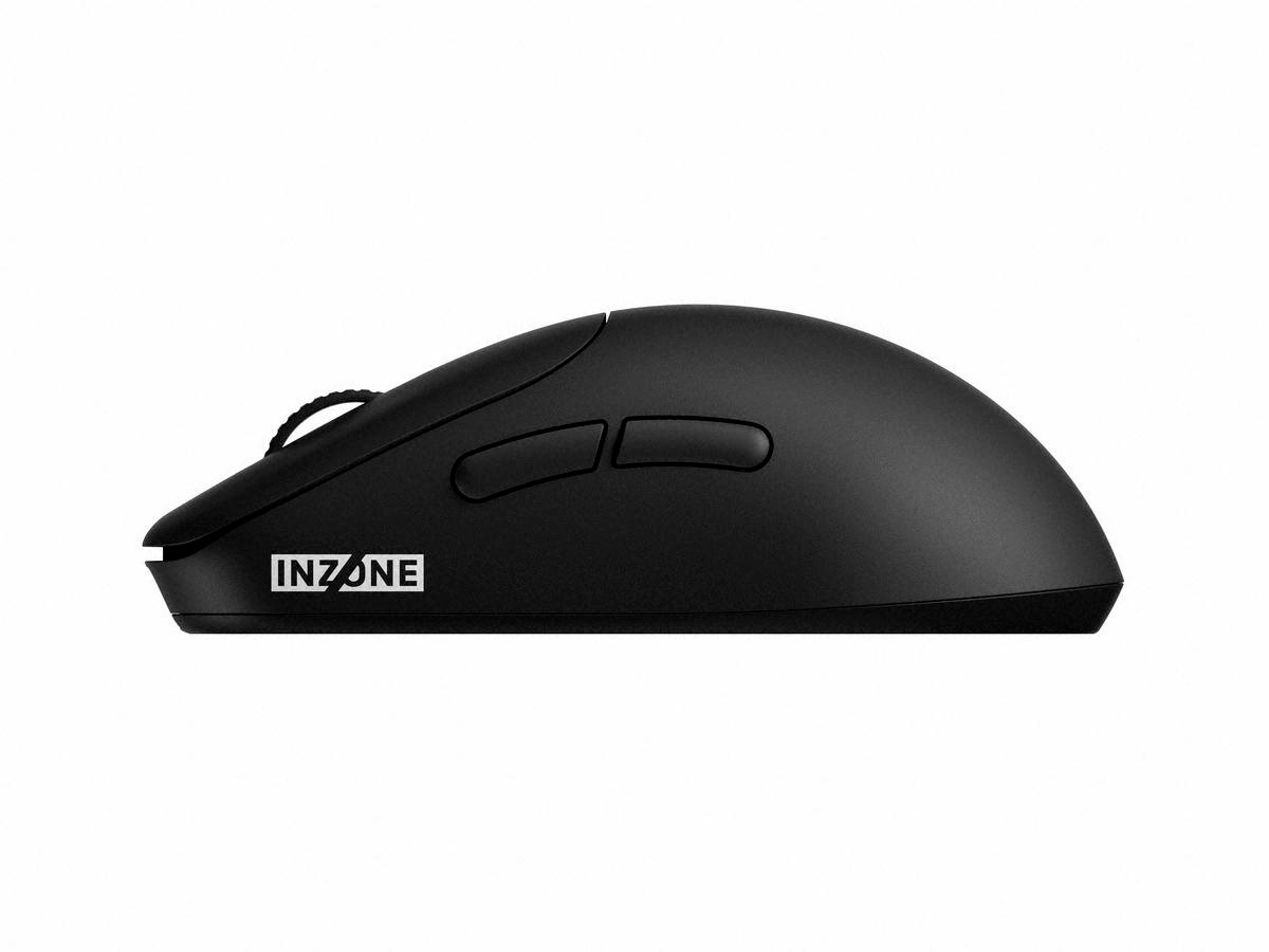 Eine schwarze INZONE Computermaus mit zwei Tasten und einem Scrollrad.