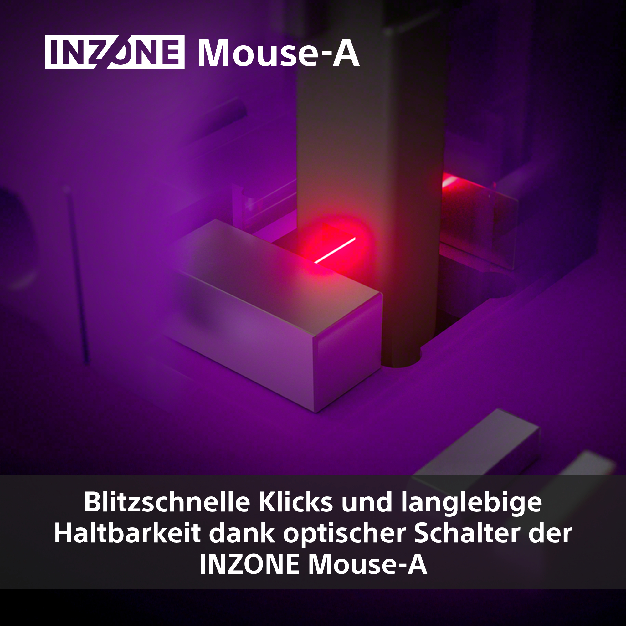 Das Bild zeigt eine Maus mit Laserstrahl. Der Text lautet 'INZONE Mouse-A'. Lila Hintergrund mit Text über Haltbarkeit.