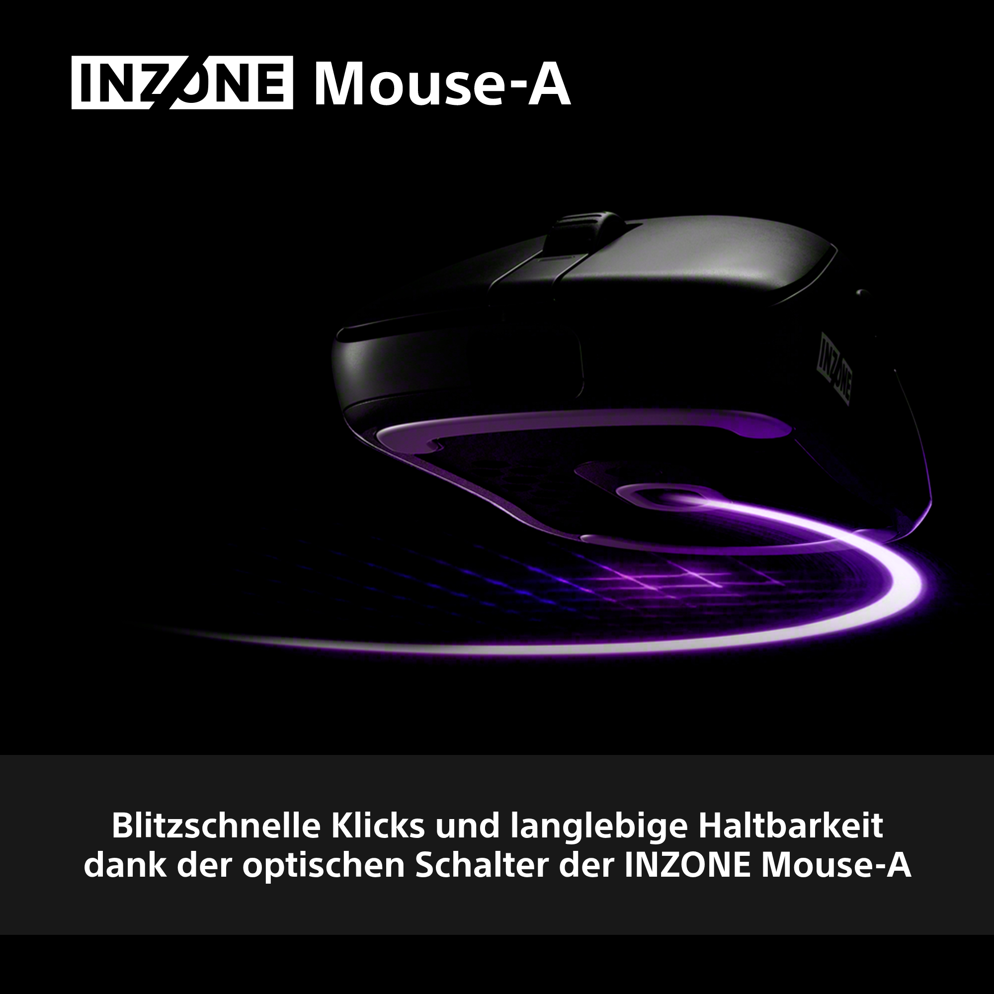 Eine schwarze Gaming-Maus mit violetten Akzenten und leuchtenden Lichtspuren. Die INZONE Mouse-A wird vor schwarzem Hintergrund gezeigt.