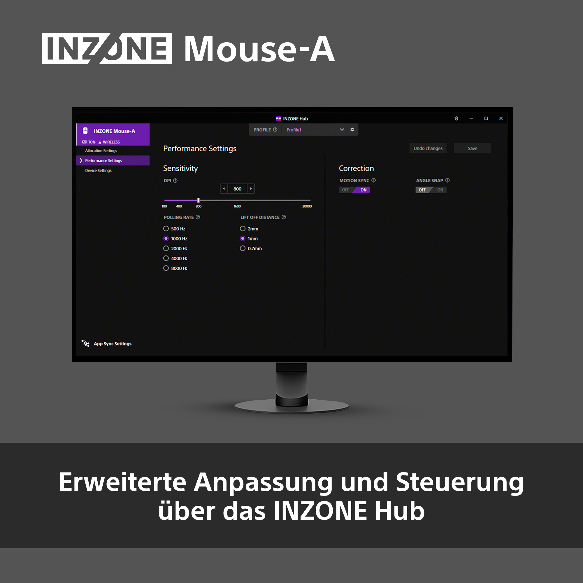 Screenshot der INZONE Mouse-A Einstellungen. Zeigt Empfindlichkeitsanpassungen, Abfragerate und Korrekturoptionen.