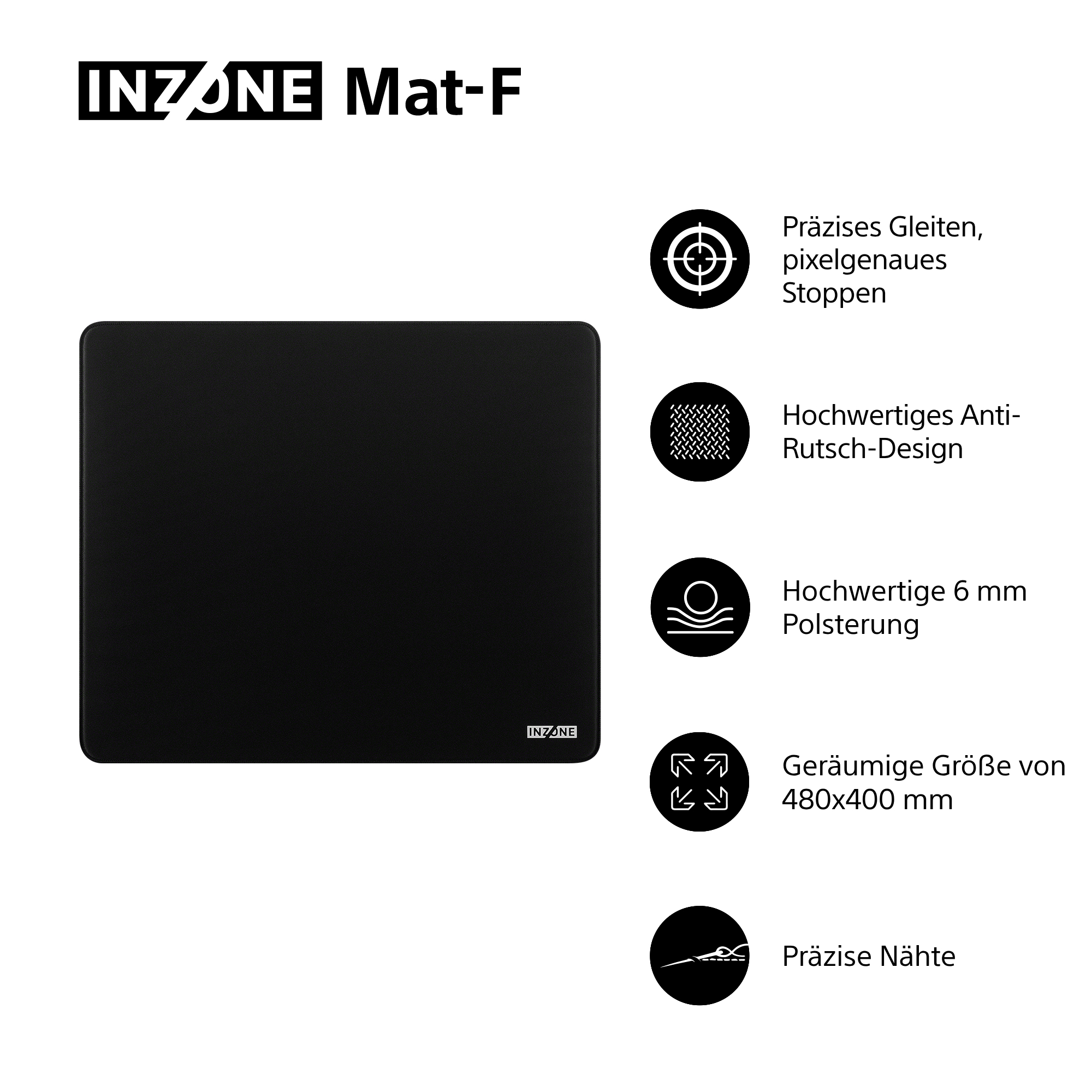Schwarzes INZONE Mat-F Mauspads mit Produktdetails. Enthält Text zu Präzision, Grip, Polsterung, Größe und Nähten.