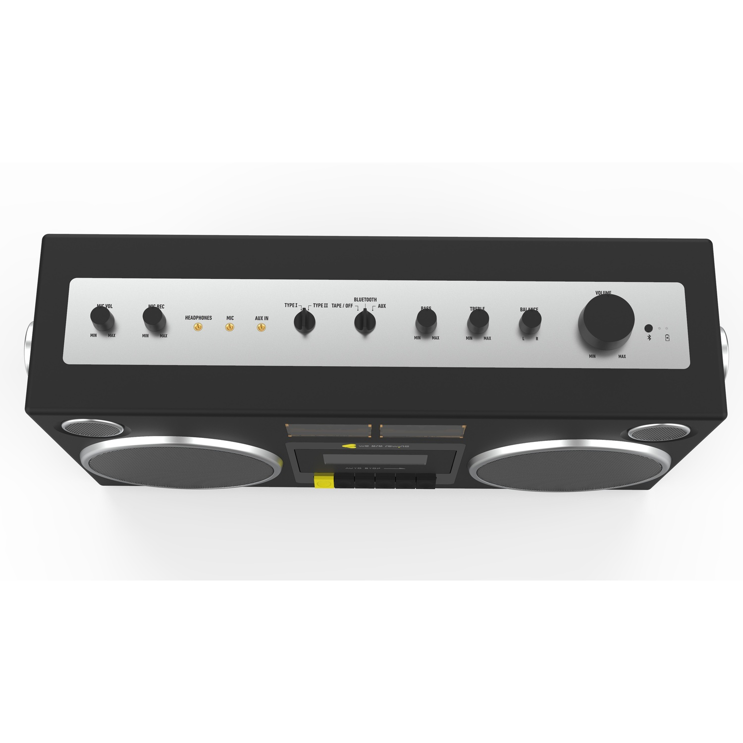 Ghettoblaster nero con dettagli argento. Presenta manopole per volume, bassi, acuti e bilanciamento. Ha un'unità a cassette e due altoparlanti. Controlli etichettati.