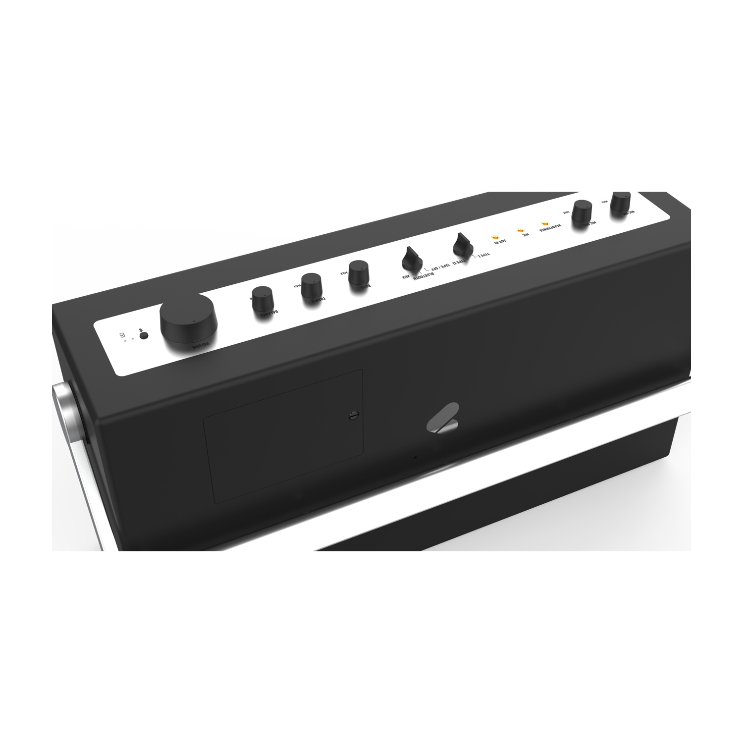 Dispositivo audio nero con manopole e pulsanti. Rifinitura argentata. Sfondo bianco. Manopole con etichetta volume, bilanciamento, alti, bassi e altro.
