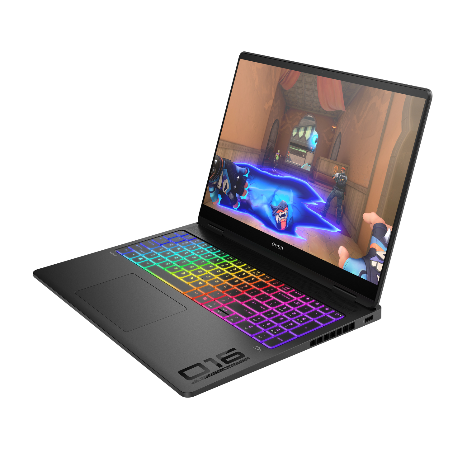 Black OMEN laptop displaying a game scene with characters. Keyboard lights up in multiple colors. Laptop is on a black surface.