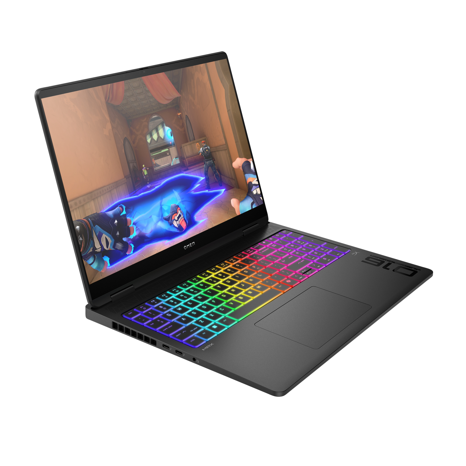 A black OMEN laptop displaying a video game with a colorful keyboard. The screen shows characters in a battle scene.