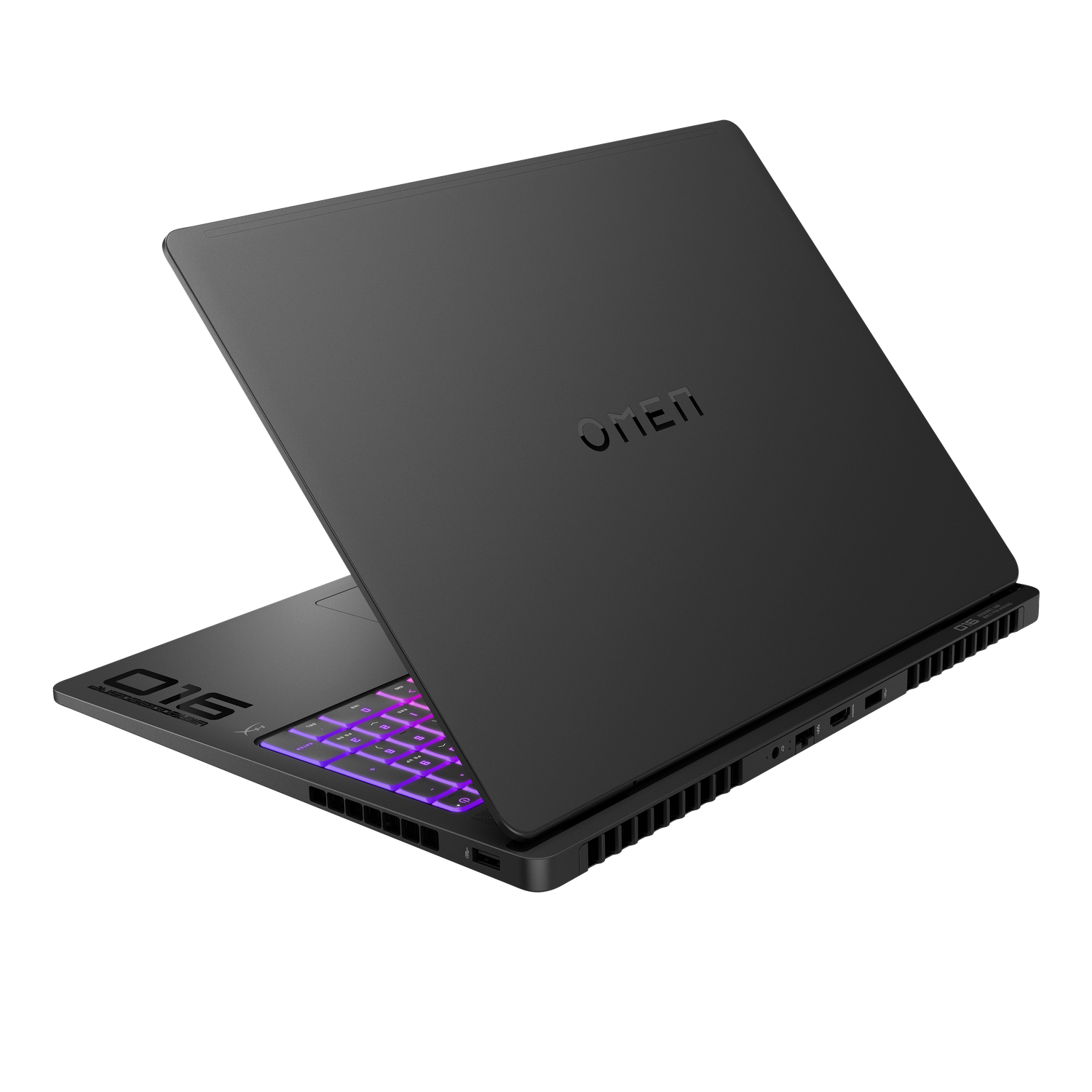 Black Omen 015 laptop open on black background. The keyboard is lit with purple and pink. The Omen logo is visible.