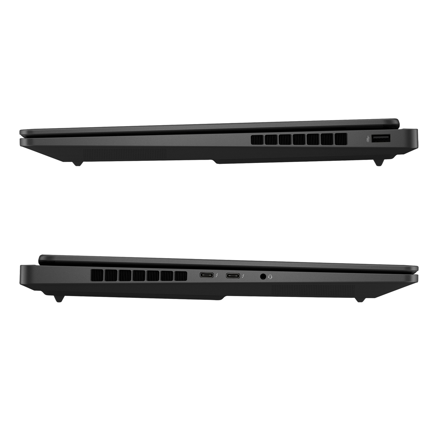 Two black laptops are shown from the side. The top one is partially open. Both show ports and vents.
