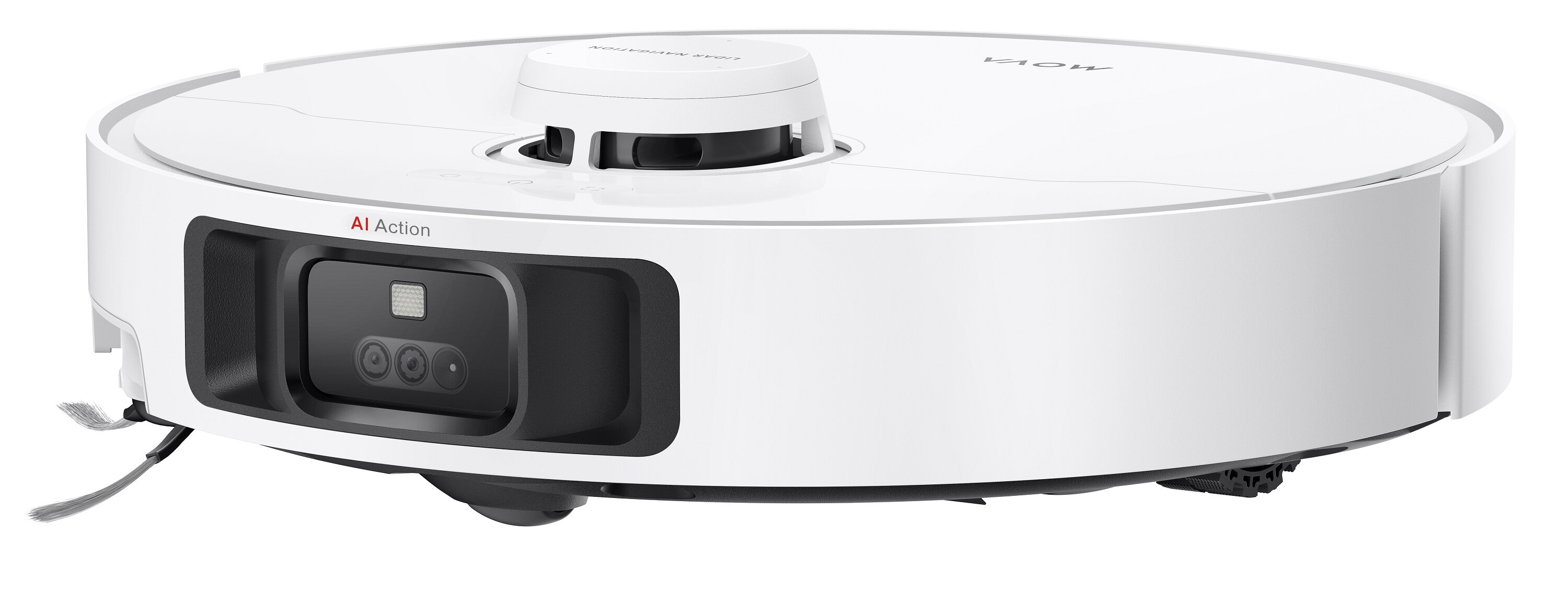 Biały robot odkurzający z czarnym obszarem czujnika, z napisem "AI Action". Ma okrągły kształt i nawigację LIDAR.