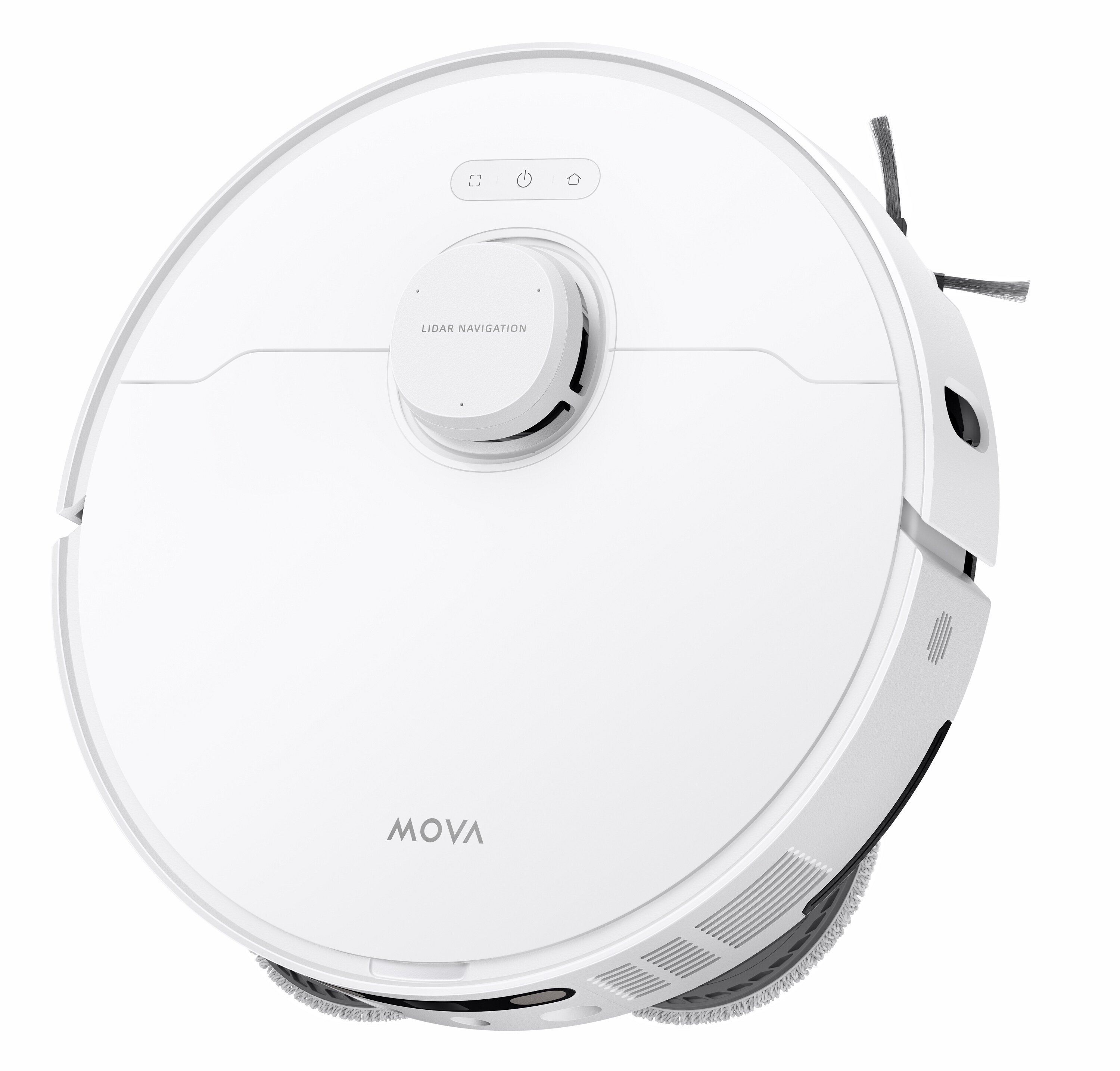 Biały robot odkurzający z napisem MOVA. Posiada przyciski i system nawigacji LIDAR.