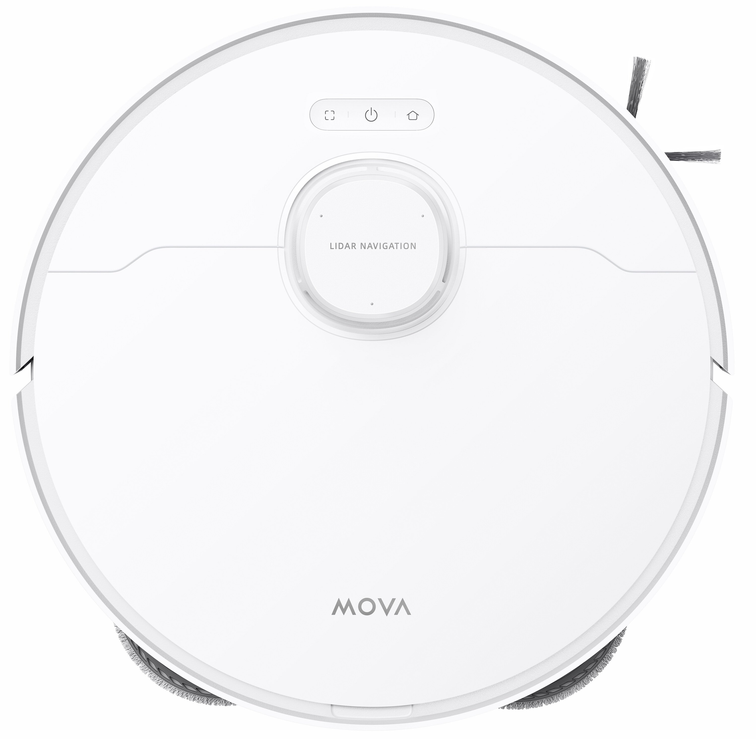 Biały robot odkurzający MOVA. Ma okrągły kształt, z przyciskami, systemem nawigacji LIDAR i szczotką czyszczącą.