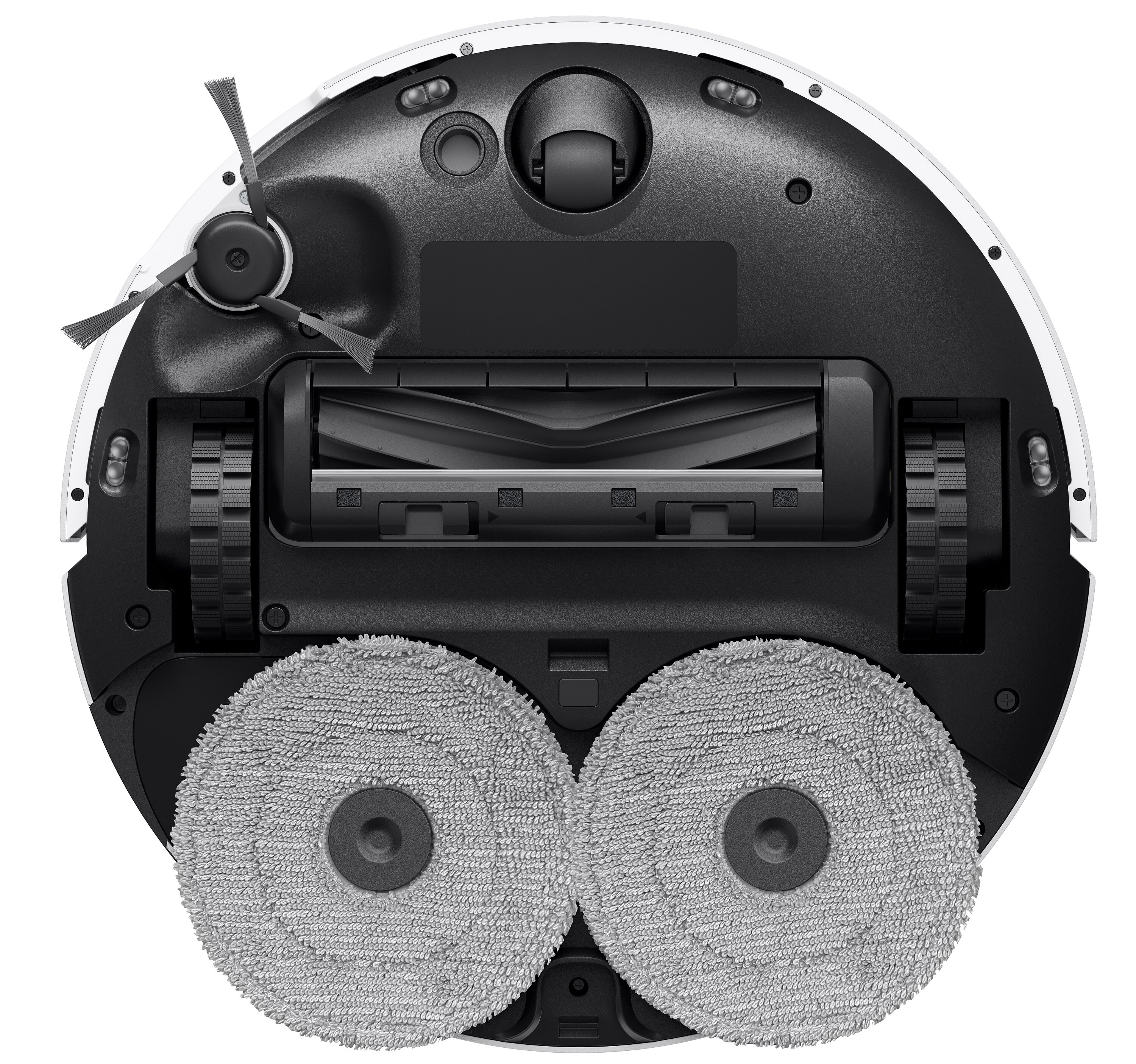 Baza robota odkurzającego. Czarno-biała. Dwa szare, okrągłe mopy na dole. Widoczne szczotki i koła.