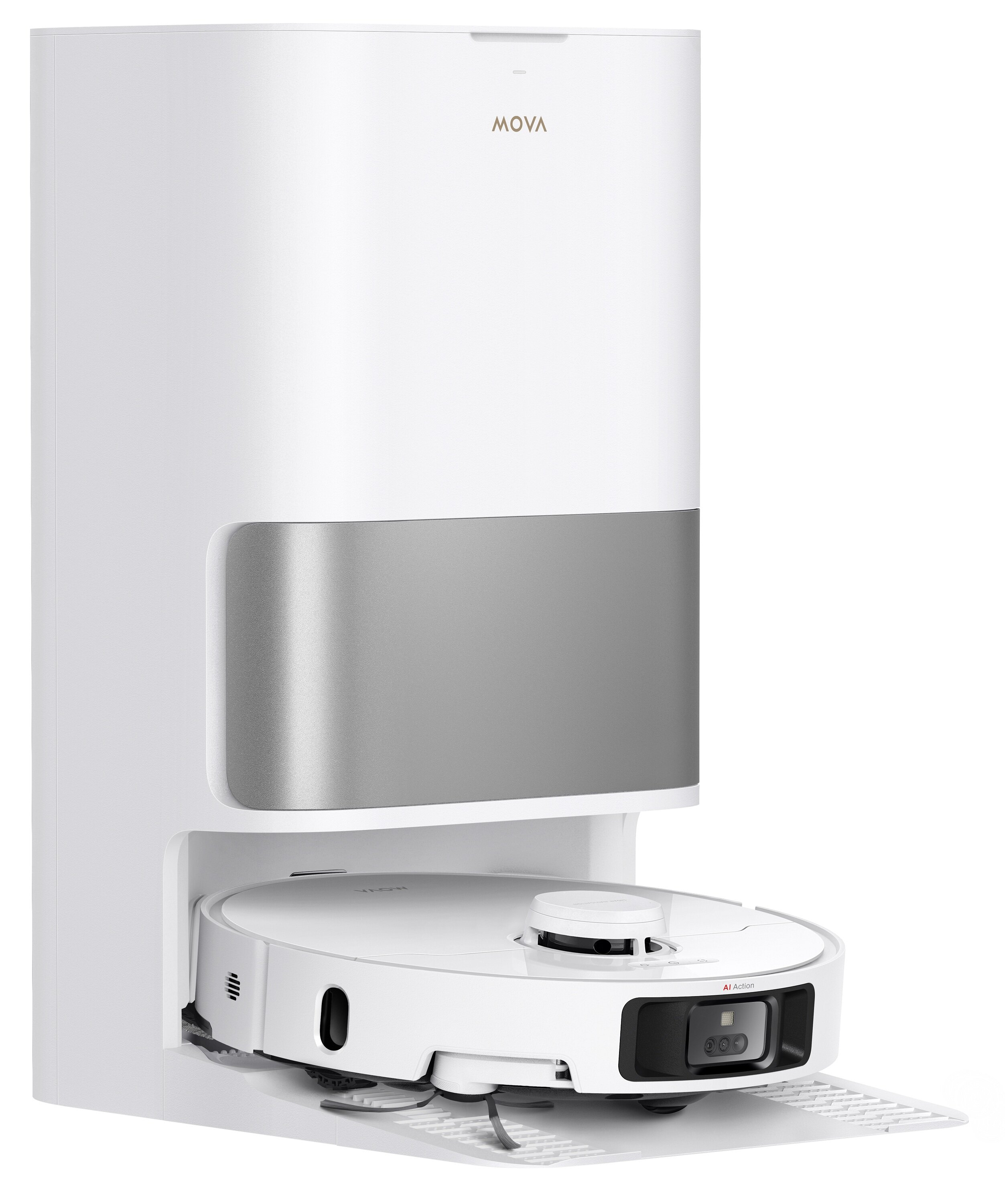 Biały robot sprzątający MOVA z stacją dokującą. Robot stoi na białej platformie, stacja ma srebrny panel.
